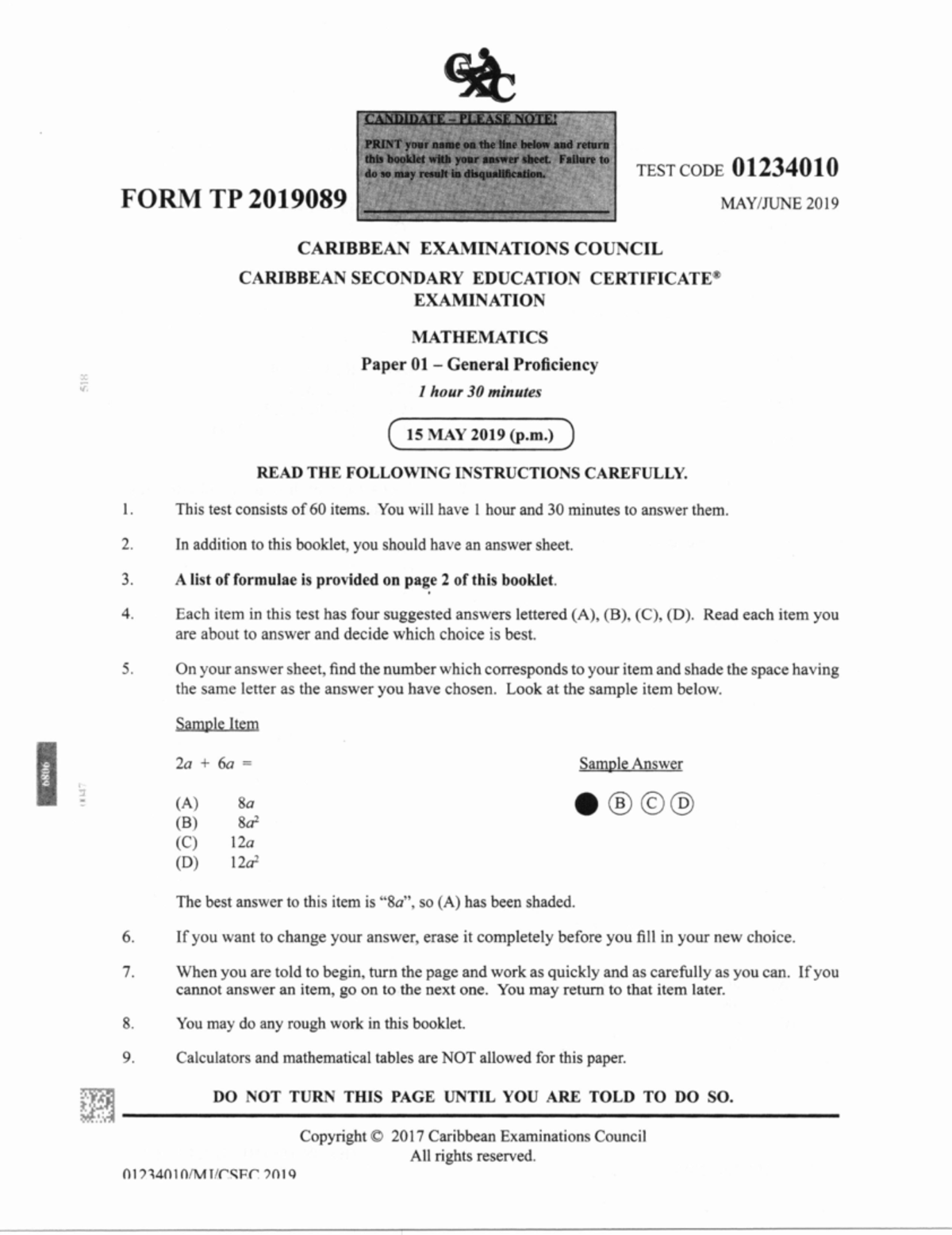 CSEC Mathematics Paper 01 General Proficiency May 2019 Exam - Studocu