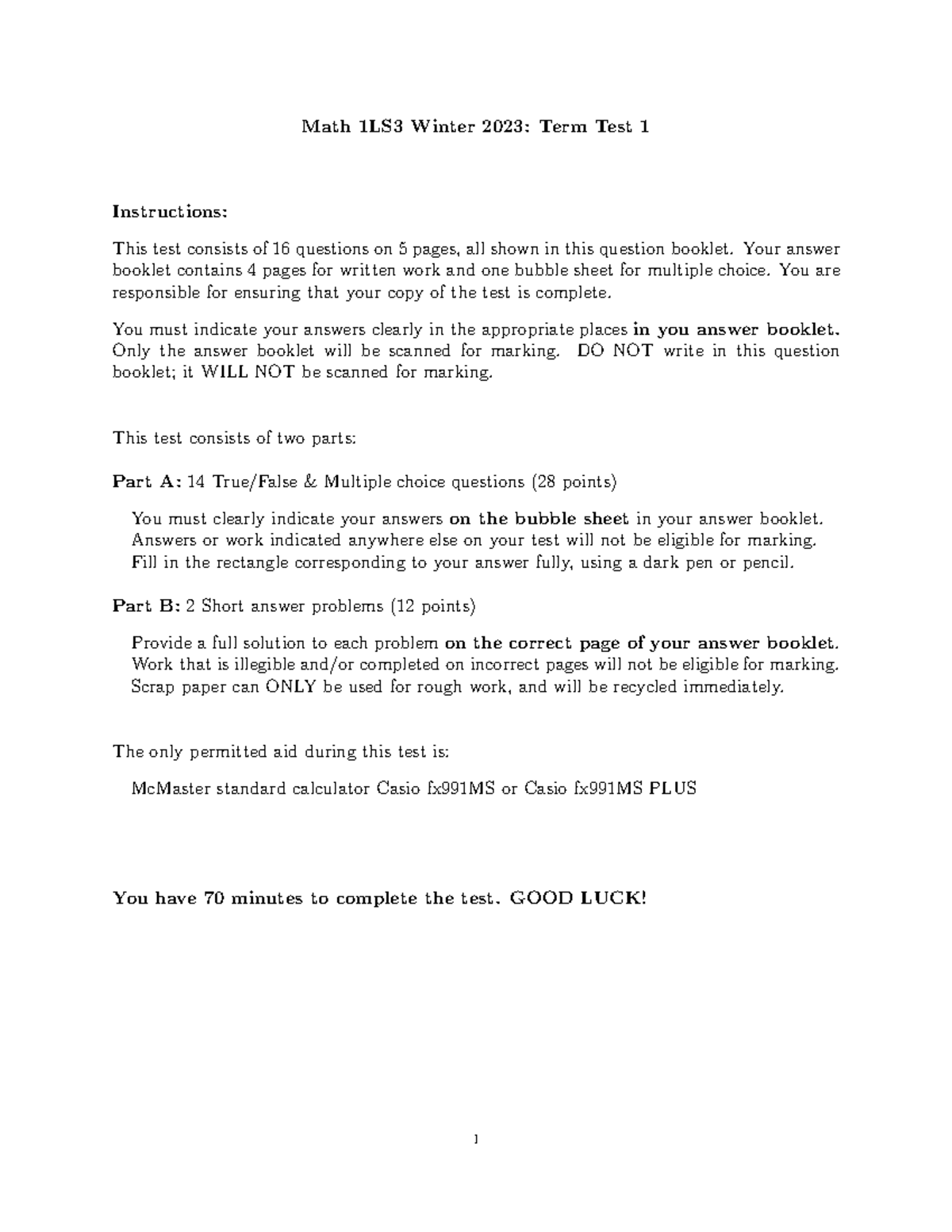 Math 1LS3 Winter 2023: Term Test 1 Question Booklet - Studocu