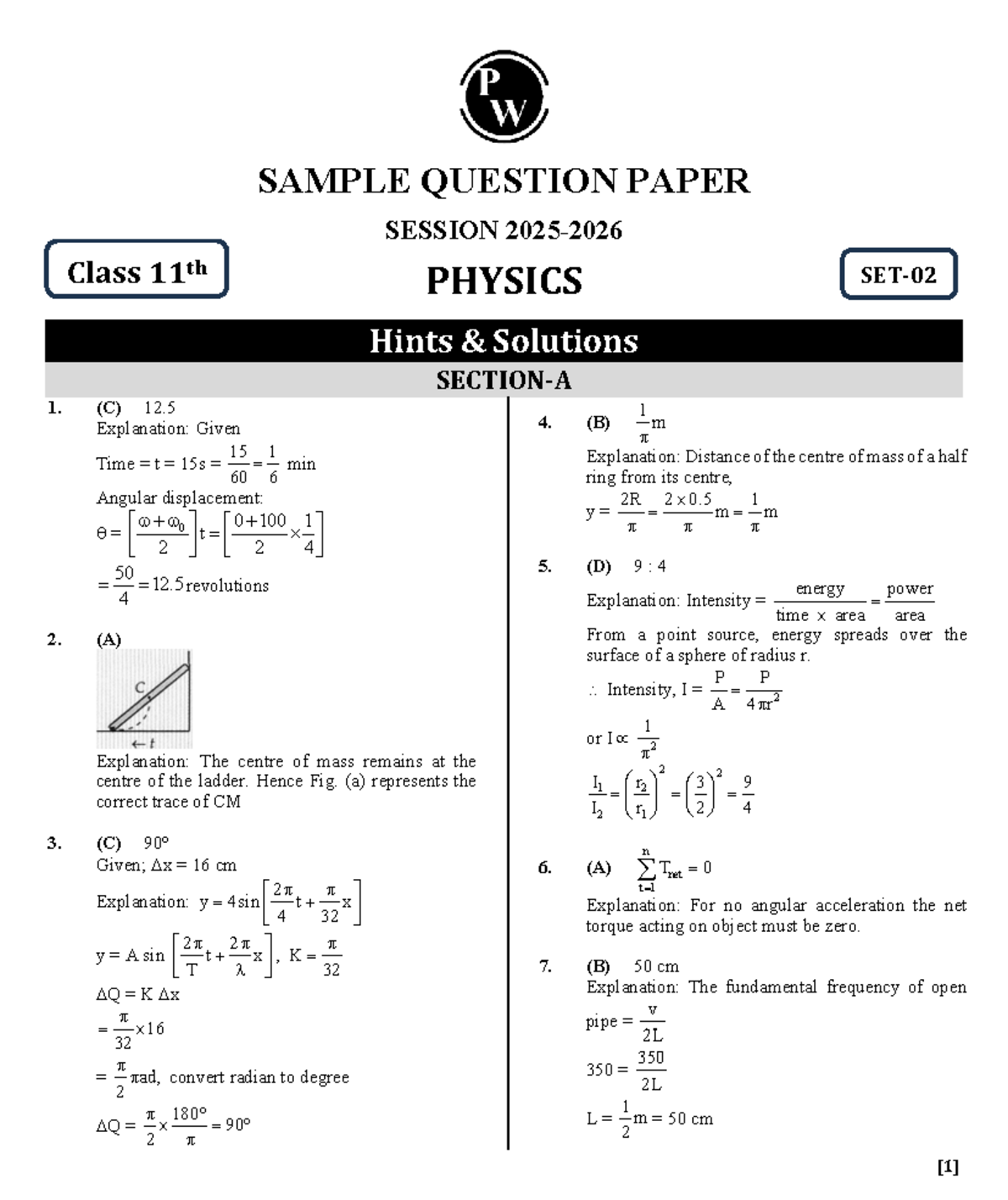 Class 11 Physics Sample Question Paper with Hints & Solutions - Studocu