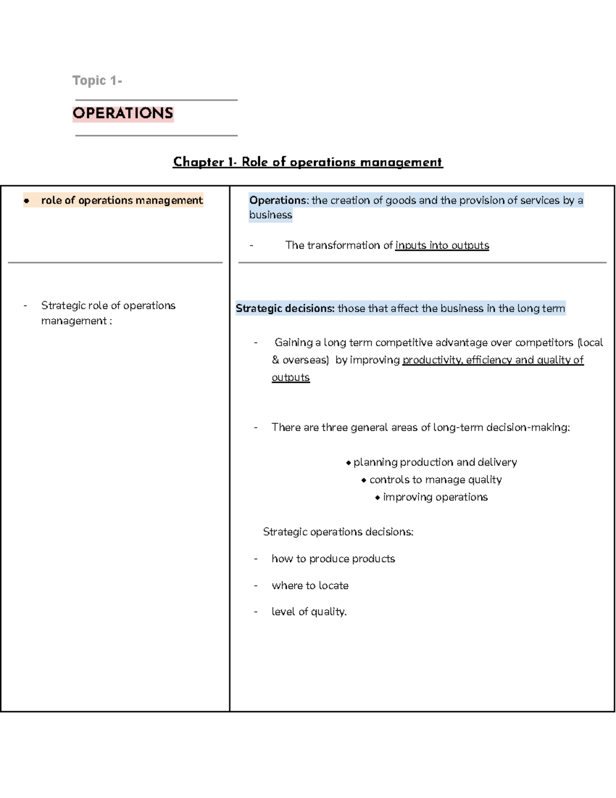 Business Topic 1: Operations Management and Strategic Decisions - Studocu