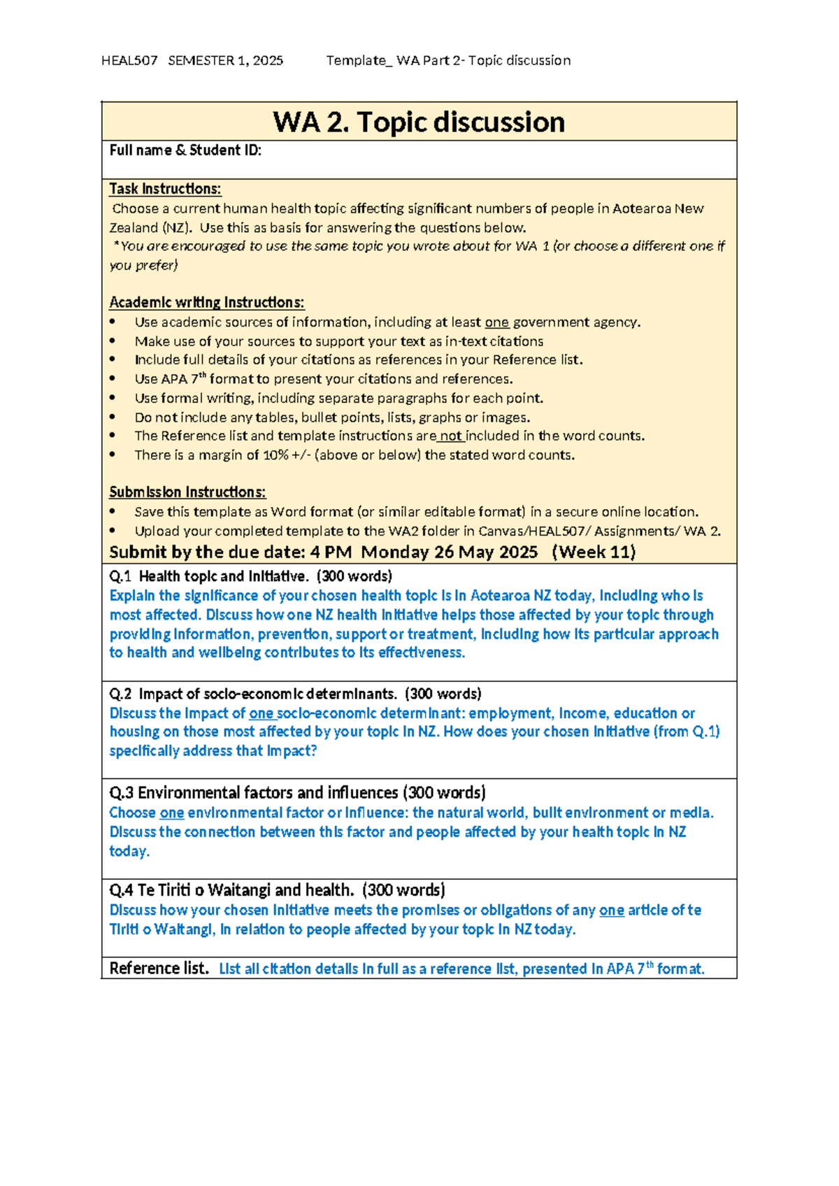 HEAL507 WA2 Topic Discussion Template for Semester 1, 2025 - Studocu