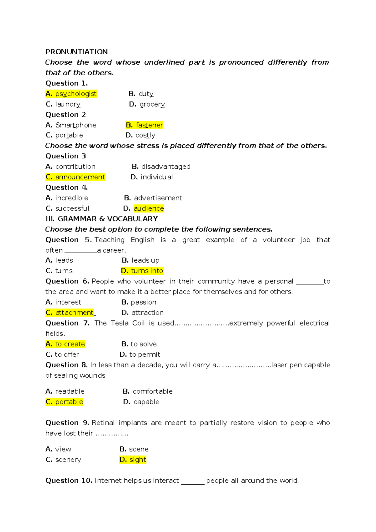 E10.TERM 1 - English Pronunciation & Grammar Practice Questions - Studocu