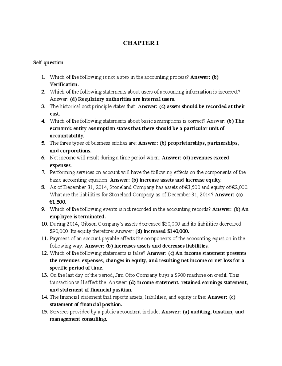 Chapter I: Accounting Exercises and Self-Assessment Questions - Studocu