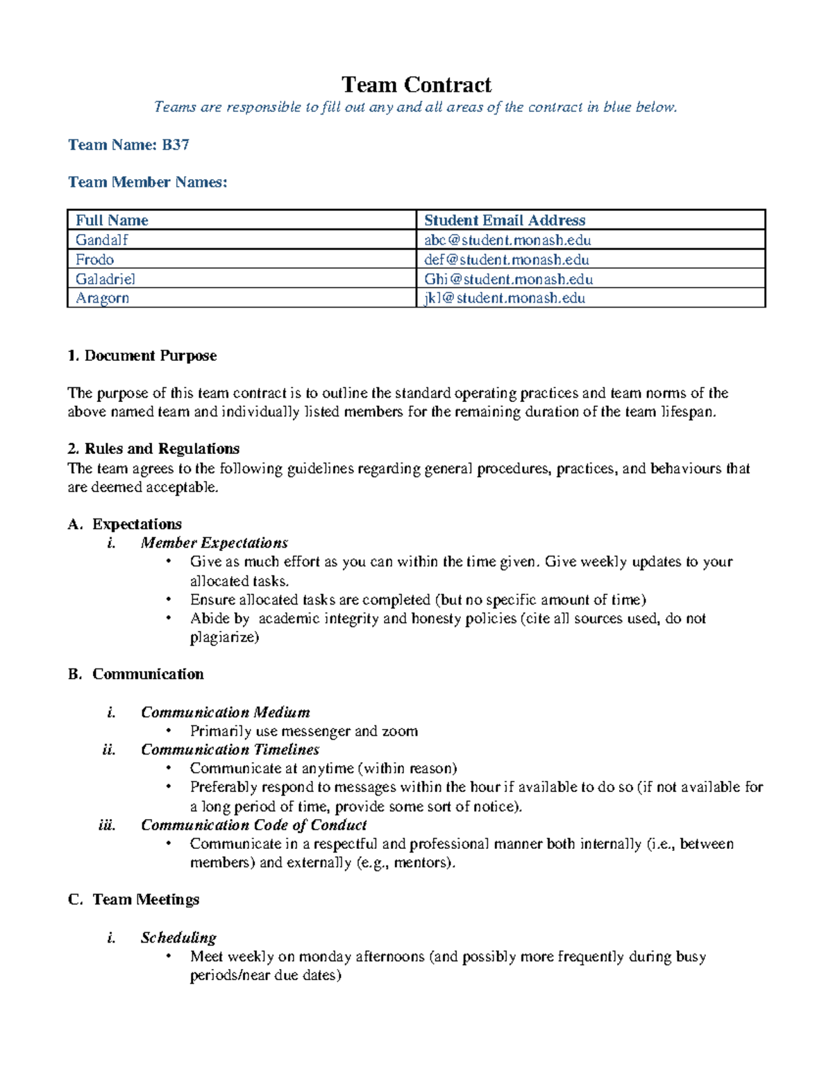Team Contract Example B 2025 - Team Contract Teams are responsible to ...