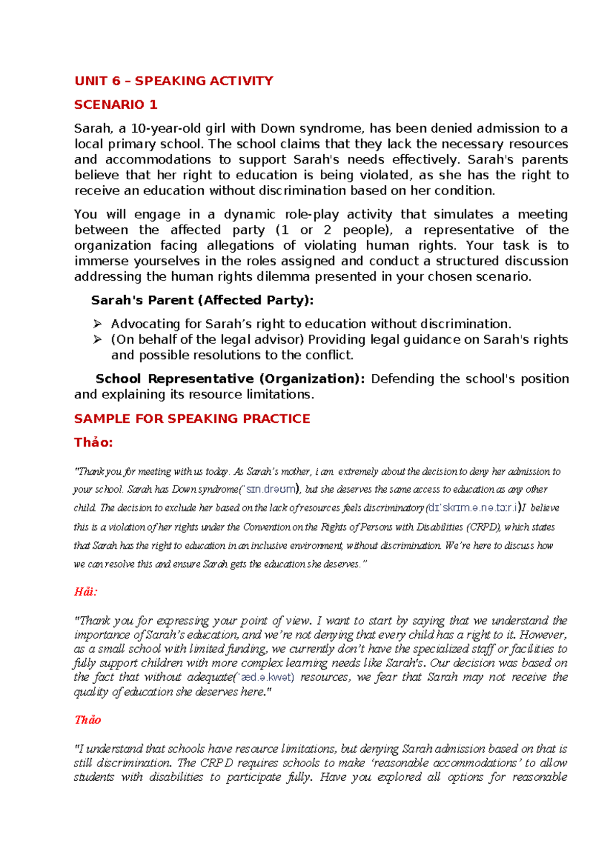 UNIT 6 - Sample FOR Speaking Practice - Scenario 1 - UNIT 6 – SPEAKING ...