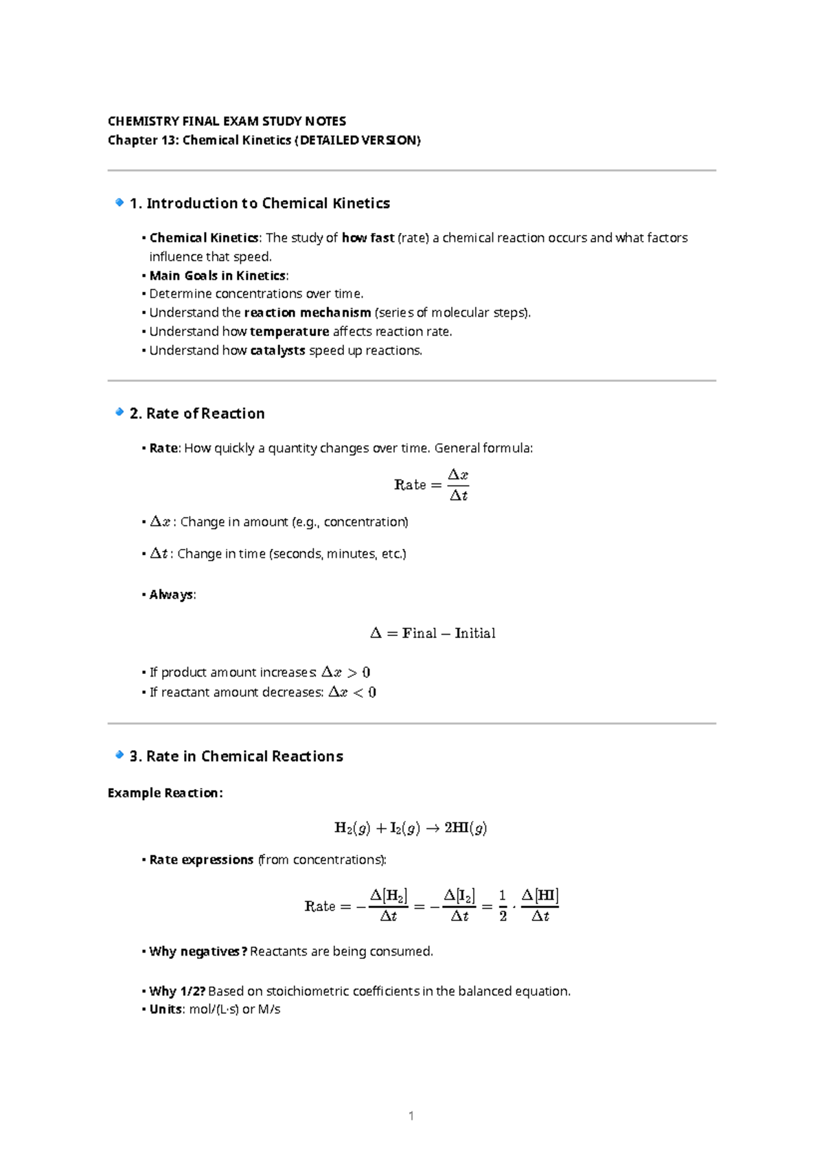 CHEM 101 FINAL EXAM STUDY NOTES: Chapter 13 - Chemical Kinetics - Studocu