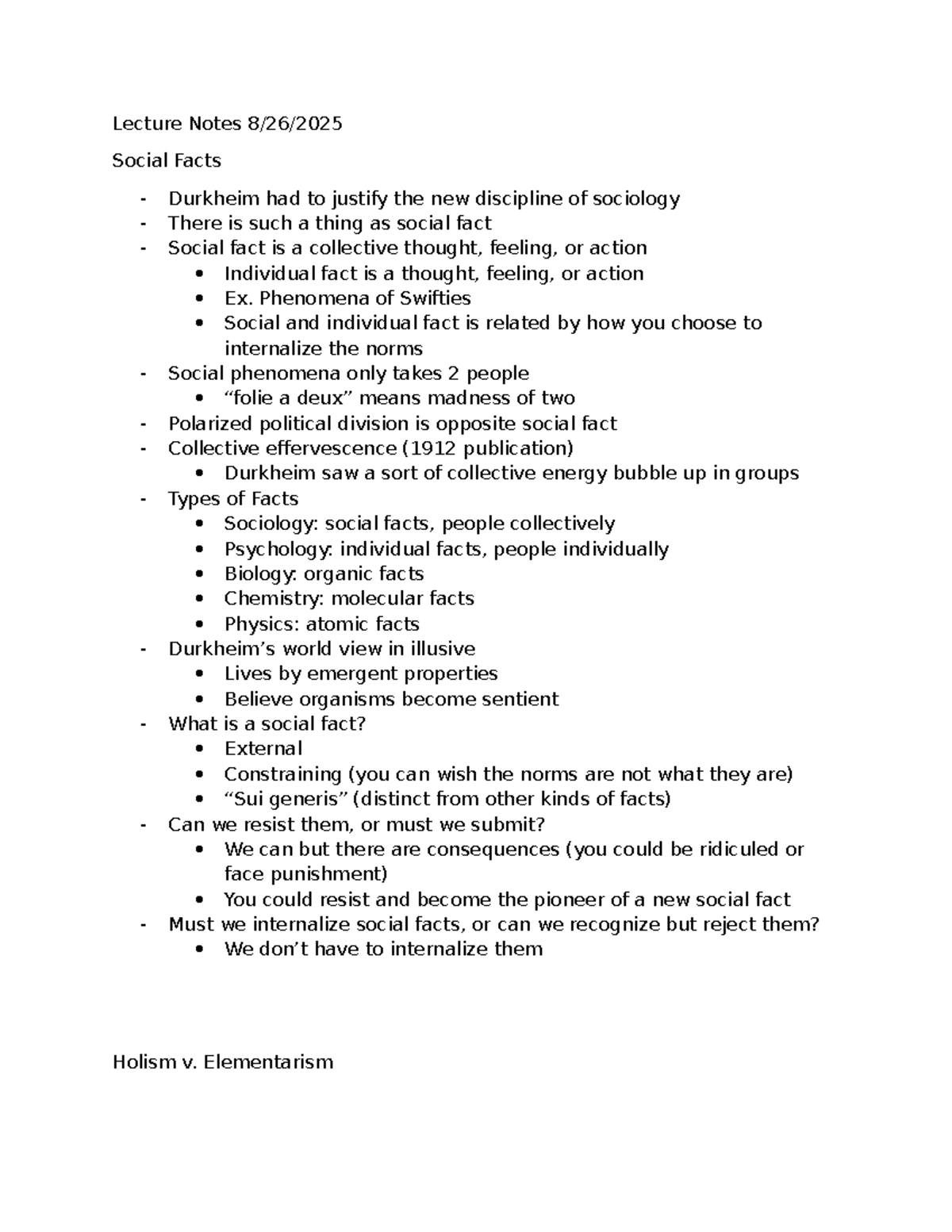 Sociology Lecture Notes: Social Facts & Durkheim's Theories - Studocu