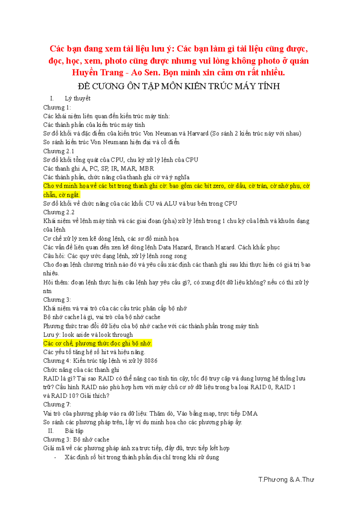 ĐỀ CƯƠNG ÔN TẬP KIẾN TRÚC MÁY TÍNH (MÃ MÔN: [Điền mã môn]) - Document Preview