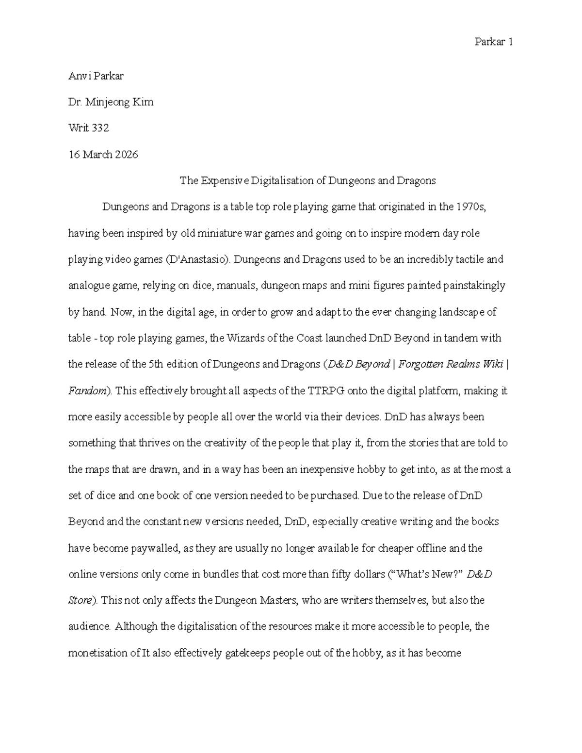 Writ 332 Essay: The Costly Digital Shift in Dungeons and Dragons - Studocu
