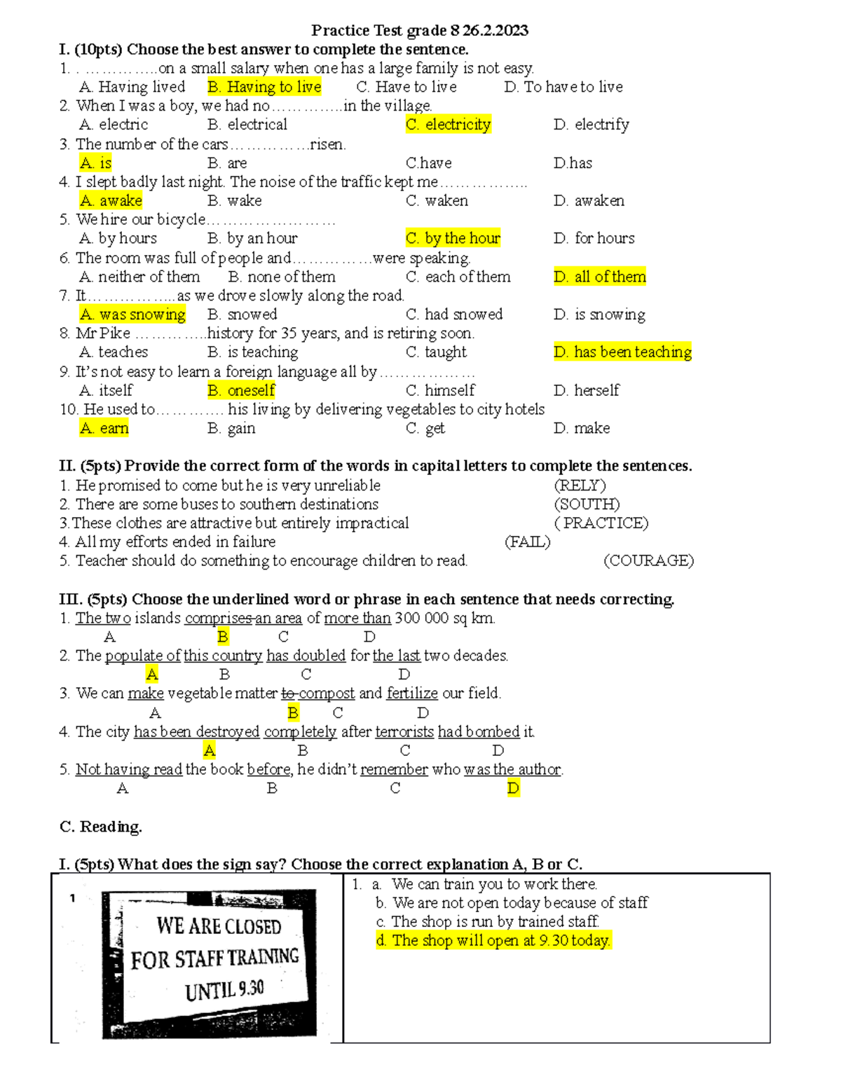 Practice Test grade 8 26 - Practice Test grade 8 26. I. (10pts) Choose ...