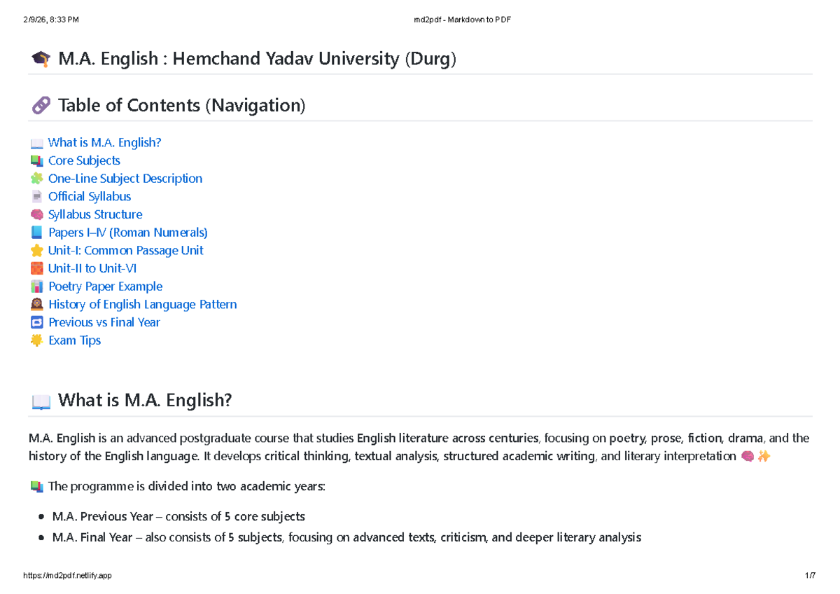 M.A. English (MD2PDF) Previous Year Syllabus & Exam Format Guide - Studocu