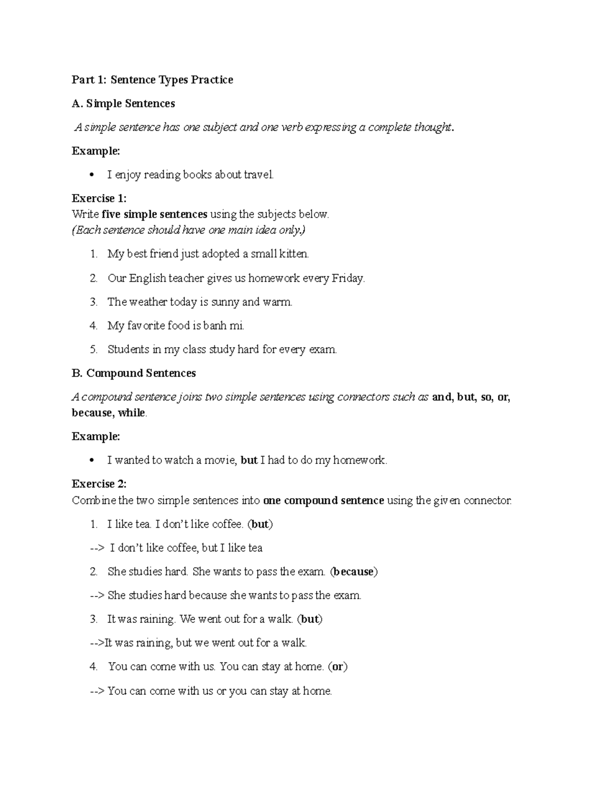 B1: Sentence Types and Paragraph Structure Practice - Studocu
