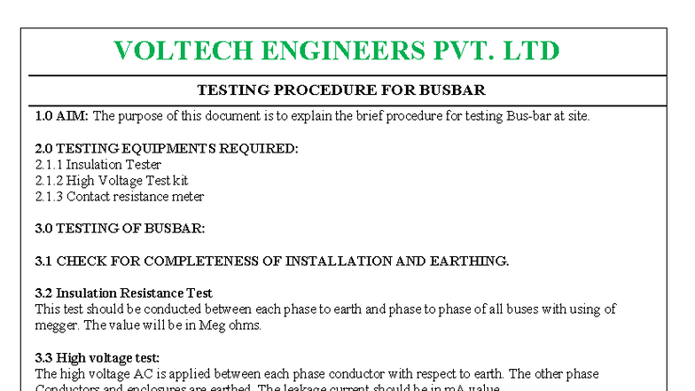 VOLTECH ENGINEERS PVT. LTD Busbar Testing Procedure - Studocu