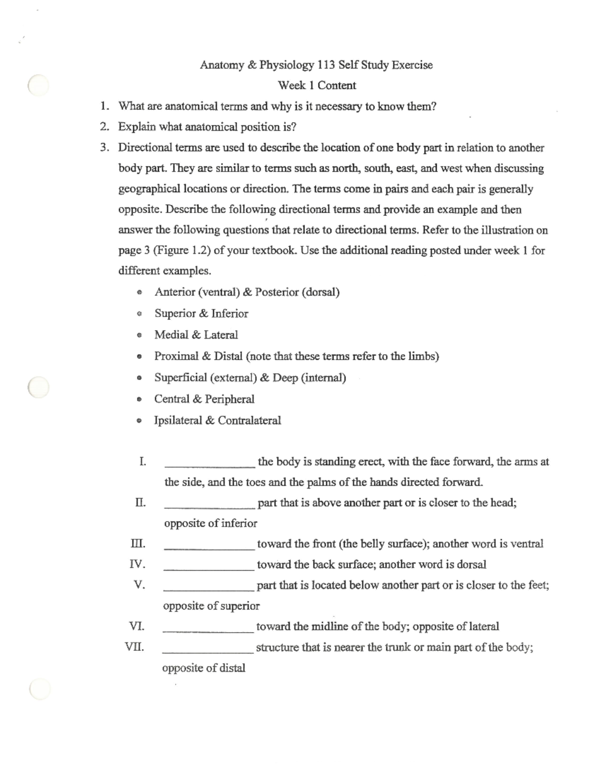 ANAT 113 Week 1 Self Study Exercise - PHAR-103 - Studocu