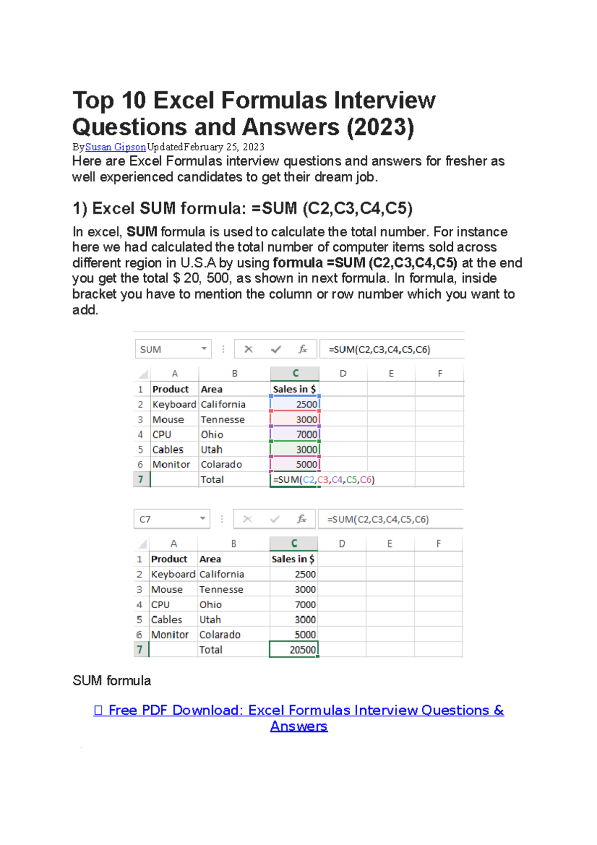 Top 10 Excel Formulas Interview Questions and Answers - 1) Excel SUM ...