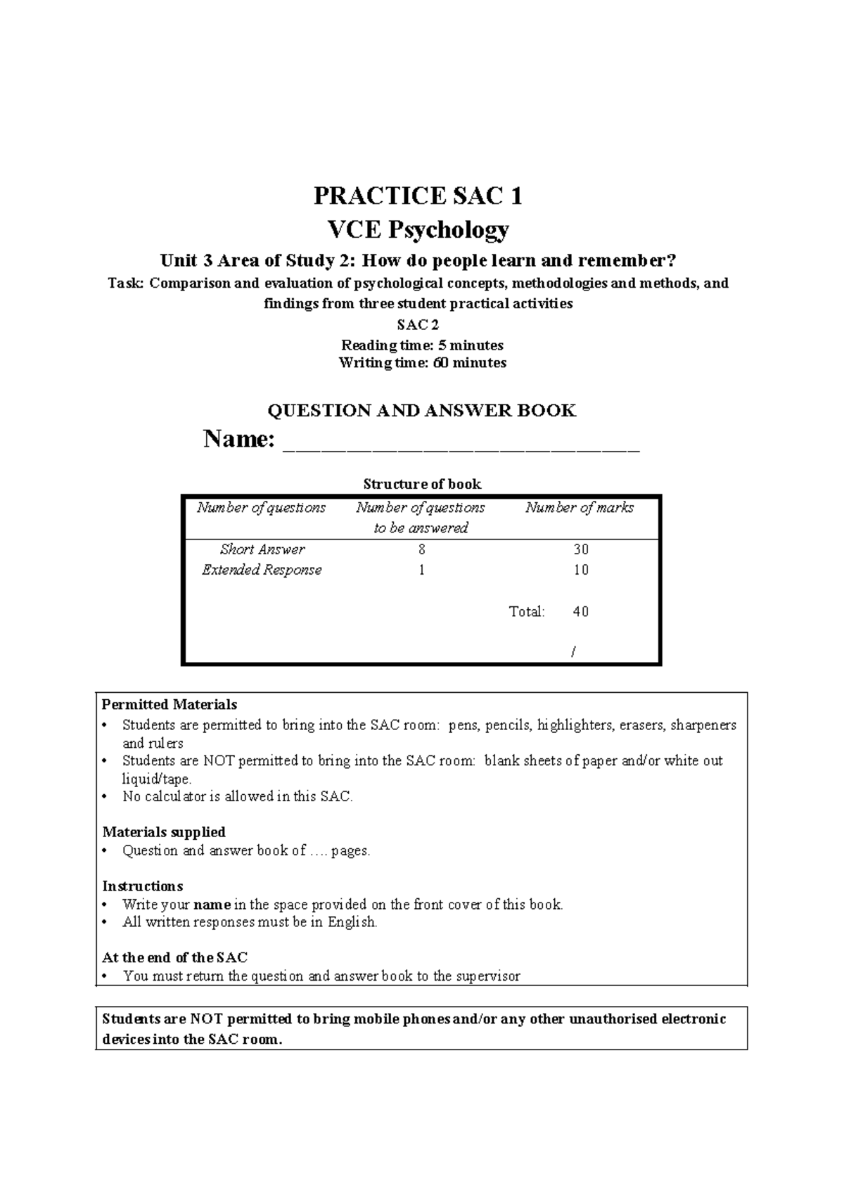 Practice SAC 1 VCE Psychology Unit 3 AOS 2: Learning & Memory ...