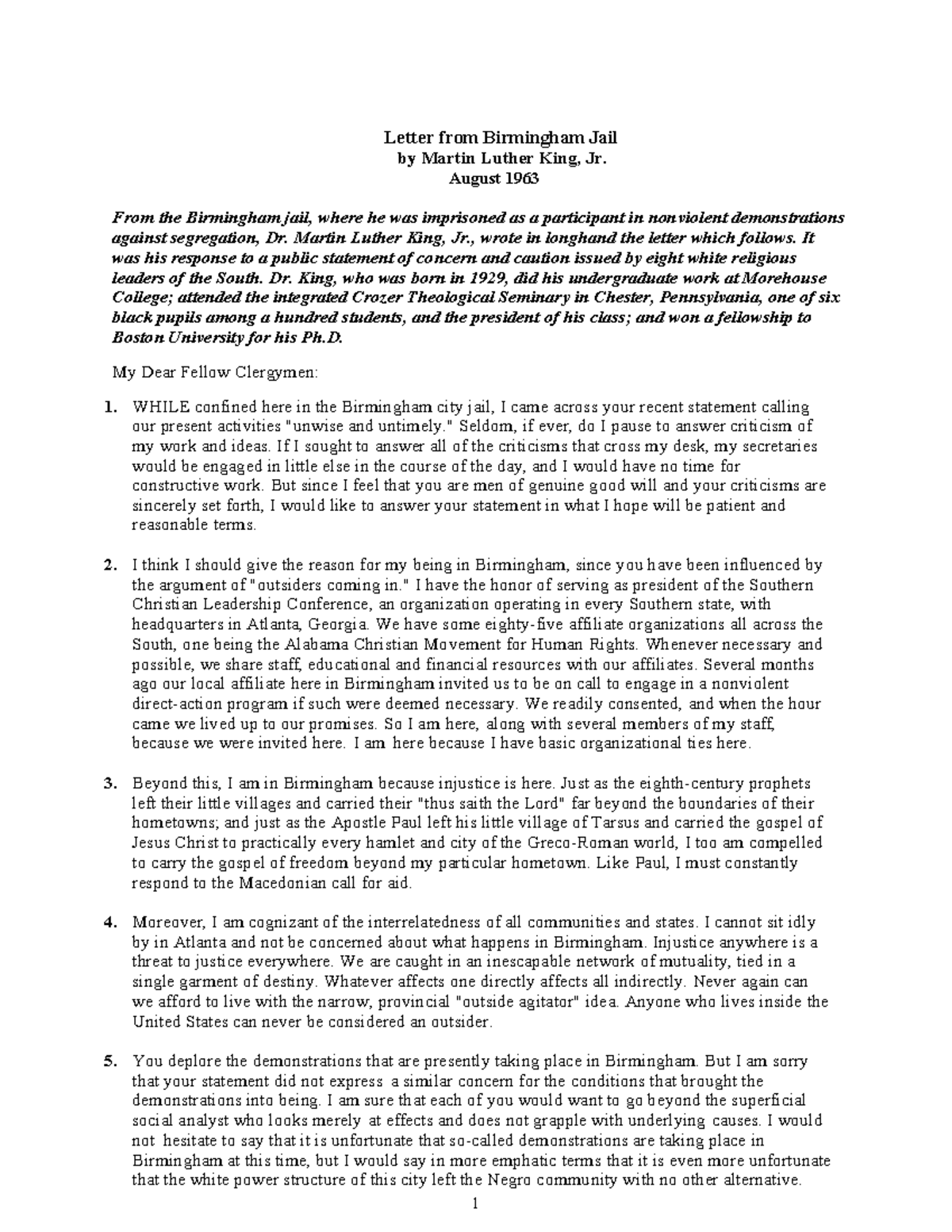 Letter from Birmingham Jail: MLK's Response to Injustice - Studocu