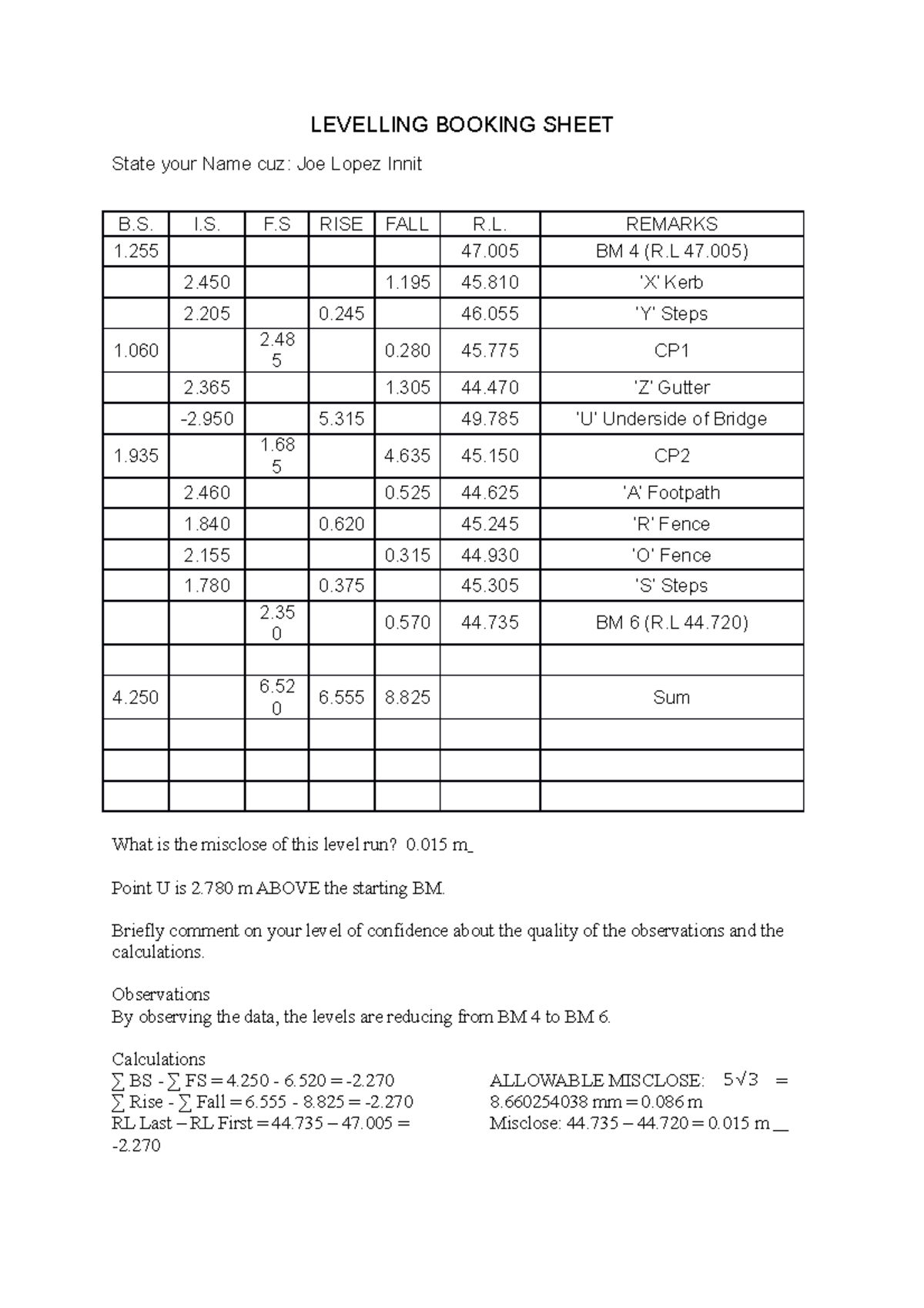 Answer Lev Booking Q Submission - Joe Lopez - LEVELLING BOOKING SHEET ...