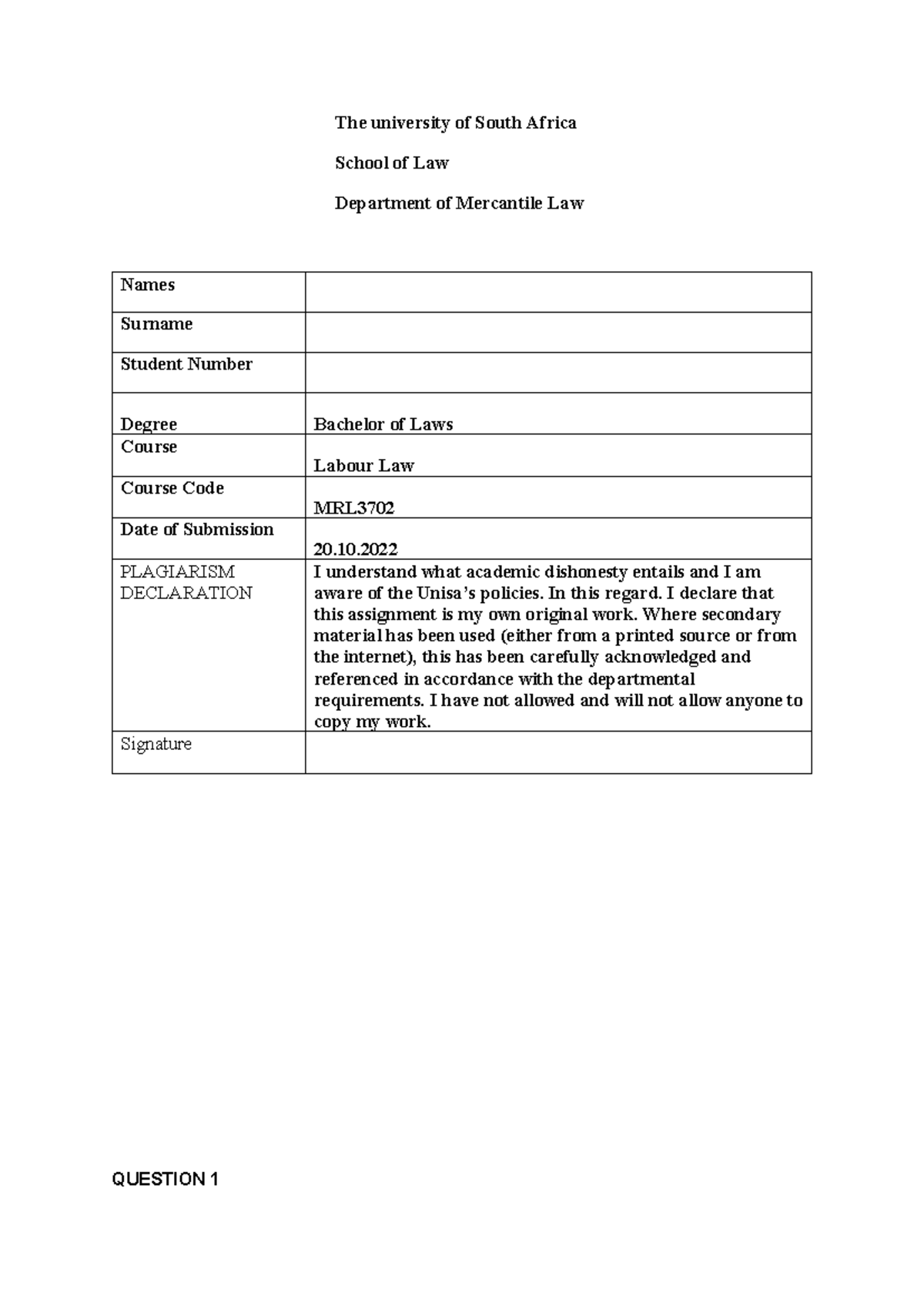 MRL3702 Final Exam - Labour Law Summaries and Evidence Portfolio - Studocu