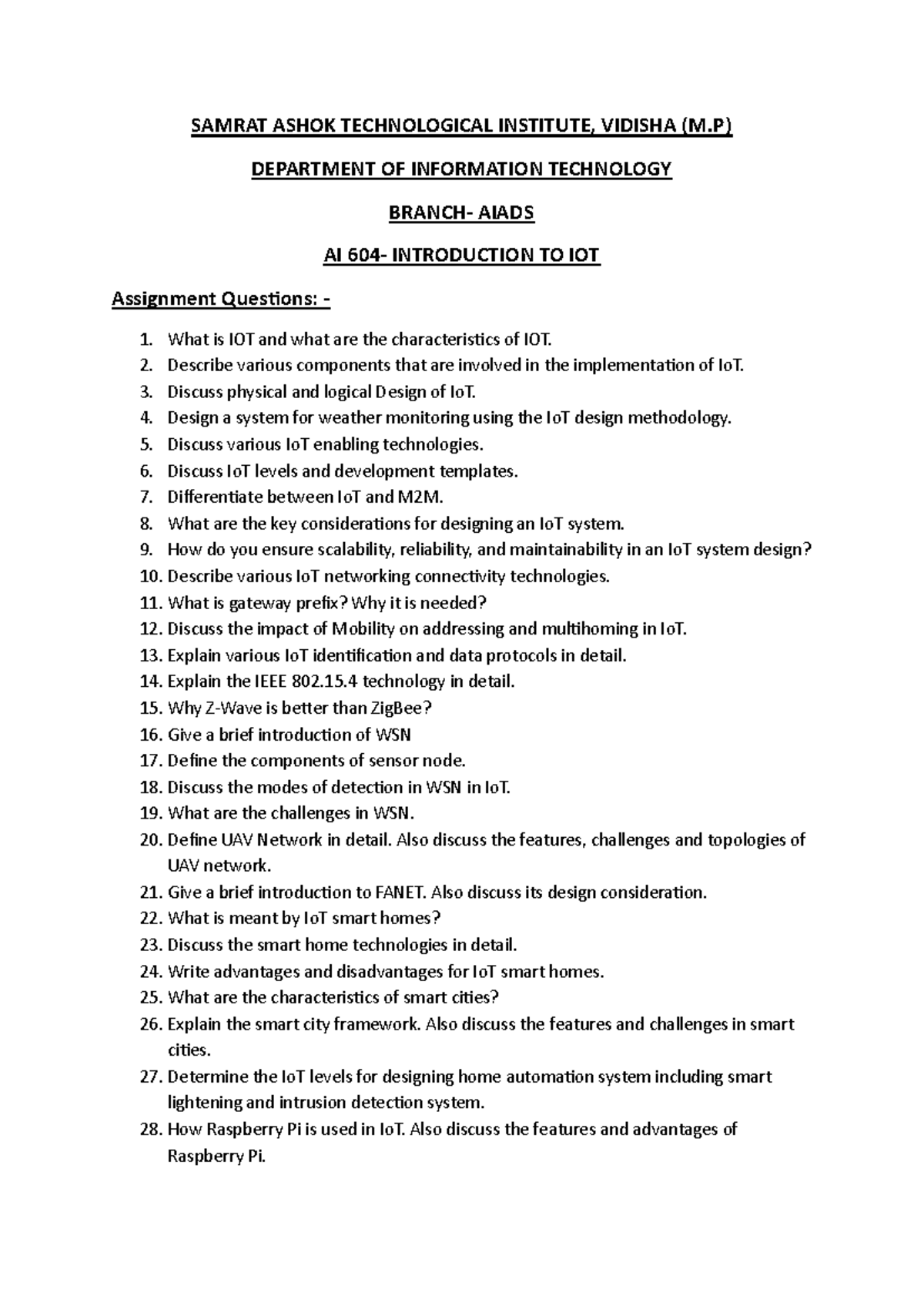 AI 604 - Important Questions for IoT Assignment at Samrat Ashok Tech ...