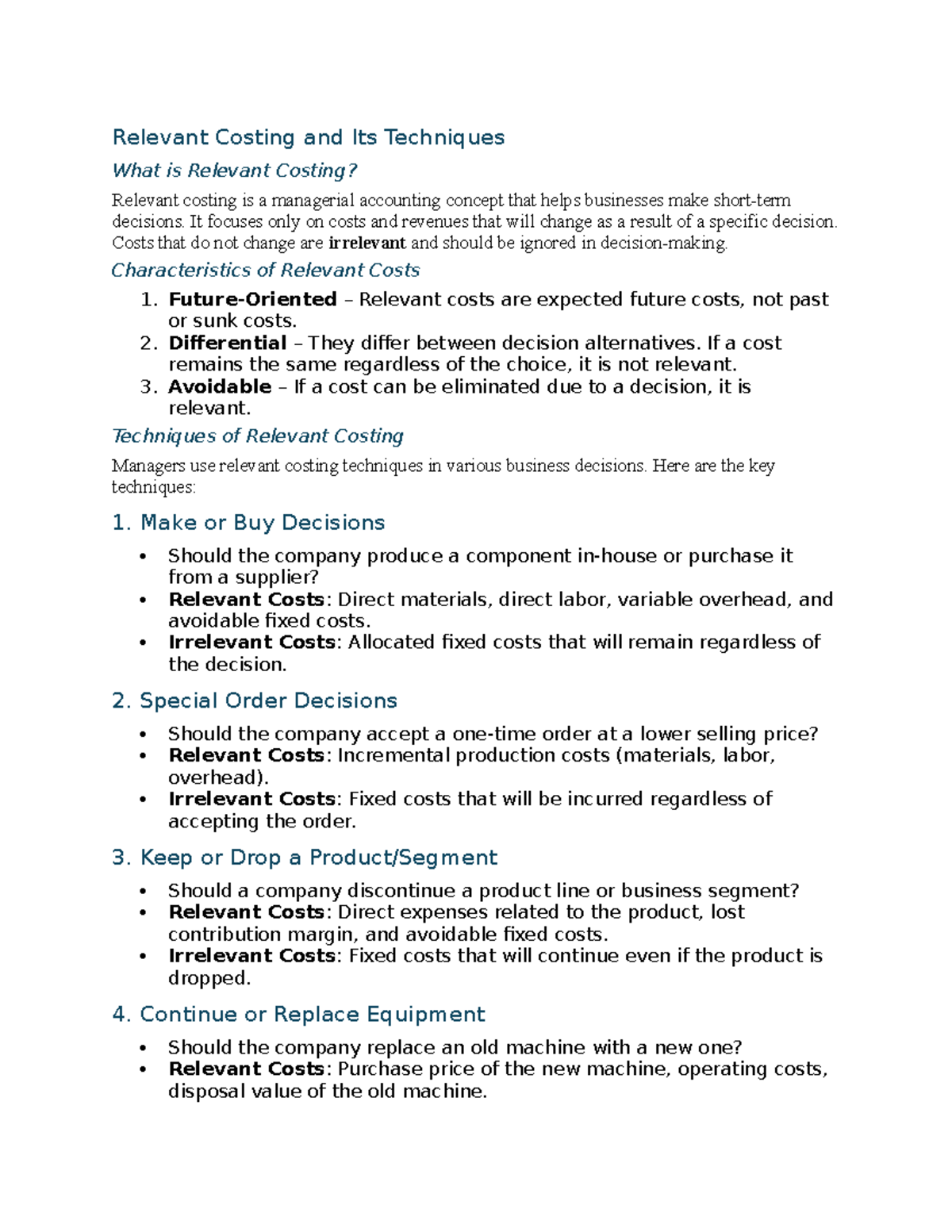 Relevant Costing - Summary Cost Accounting - Relevant Costing and Its ...