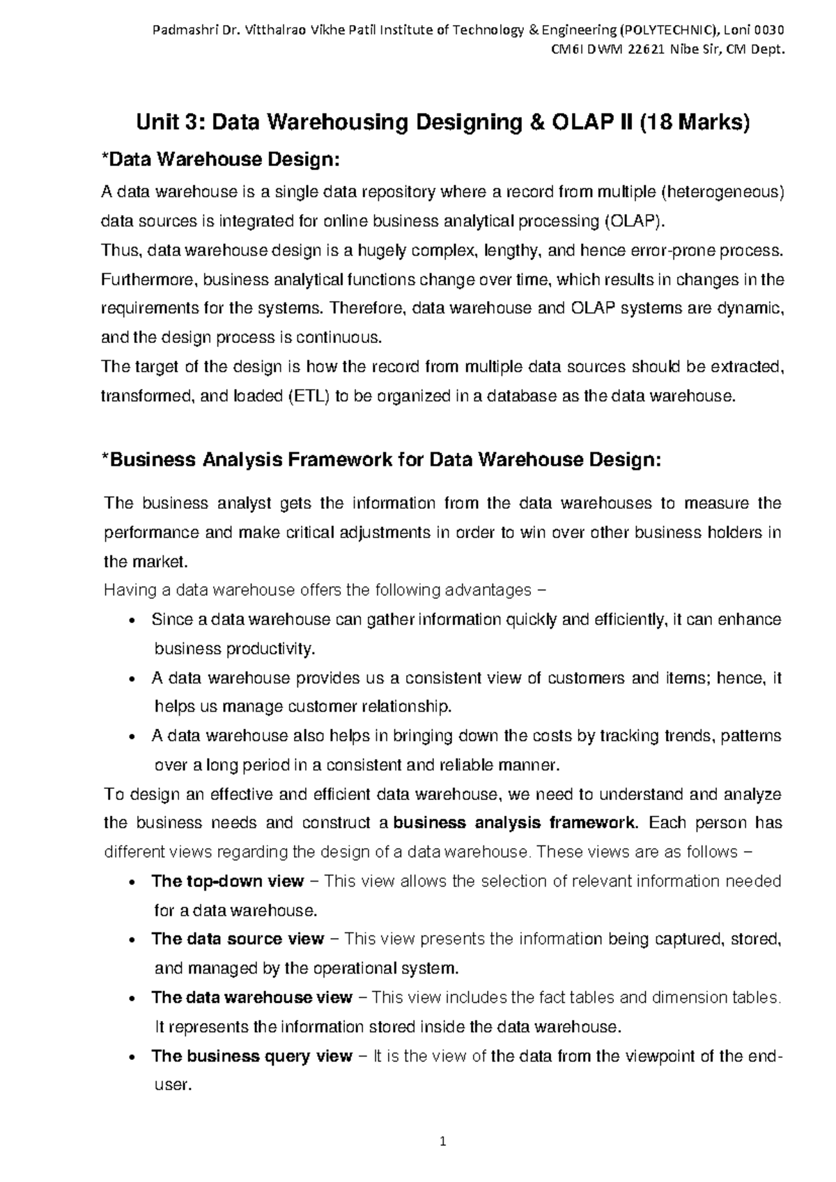 Data Warehousing Design & OLAP II (DWM 22621) - Unit 3 Notes - Studocu