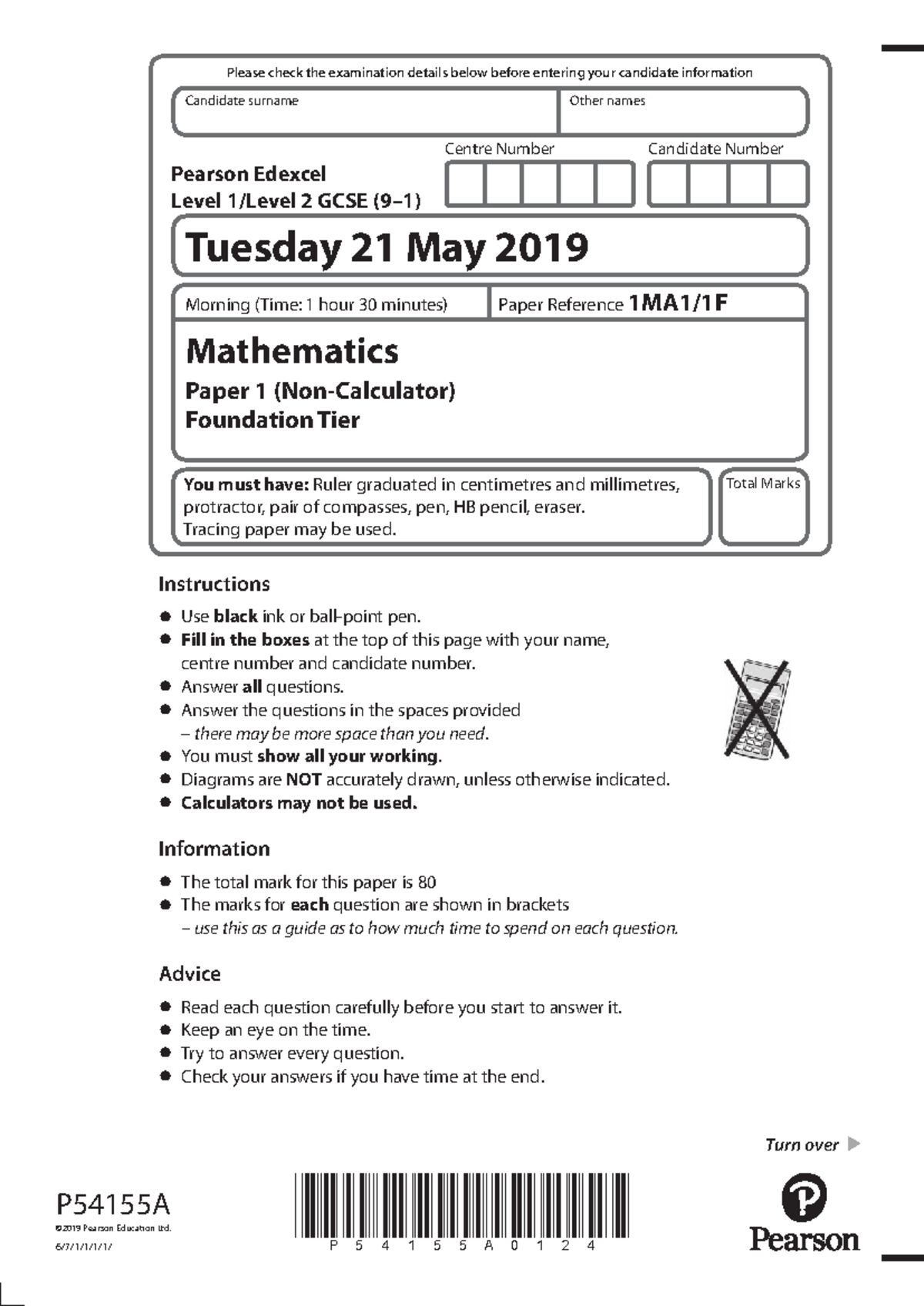 Mathematics Paper 1 Foundation Tier - GCSE Exam Details (May 2019 ...