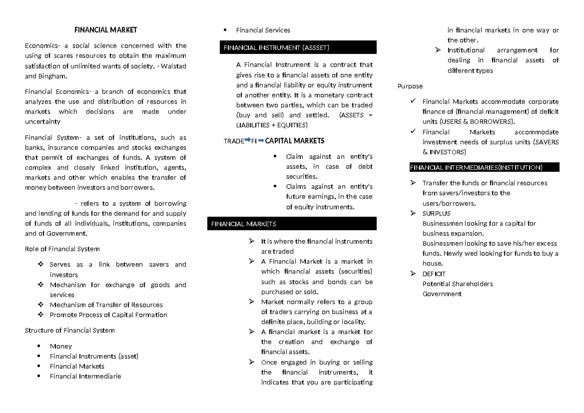 FIN 101: Financial Market Reviewer and Analysis Guide - Studocu