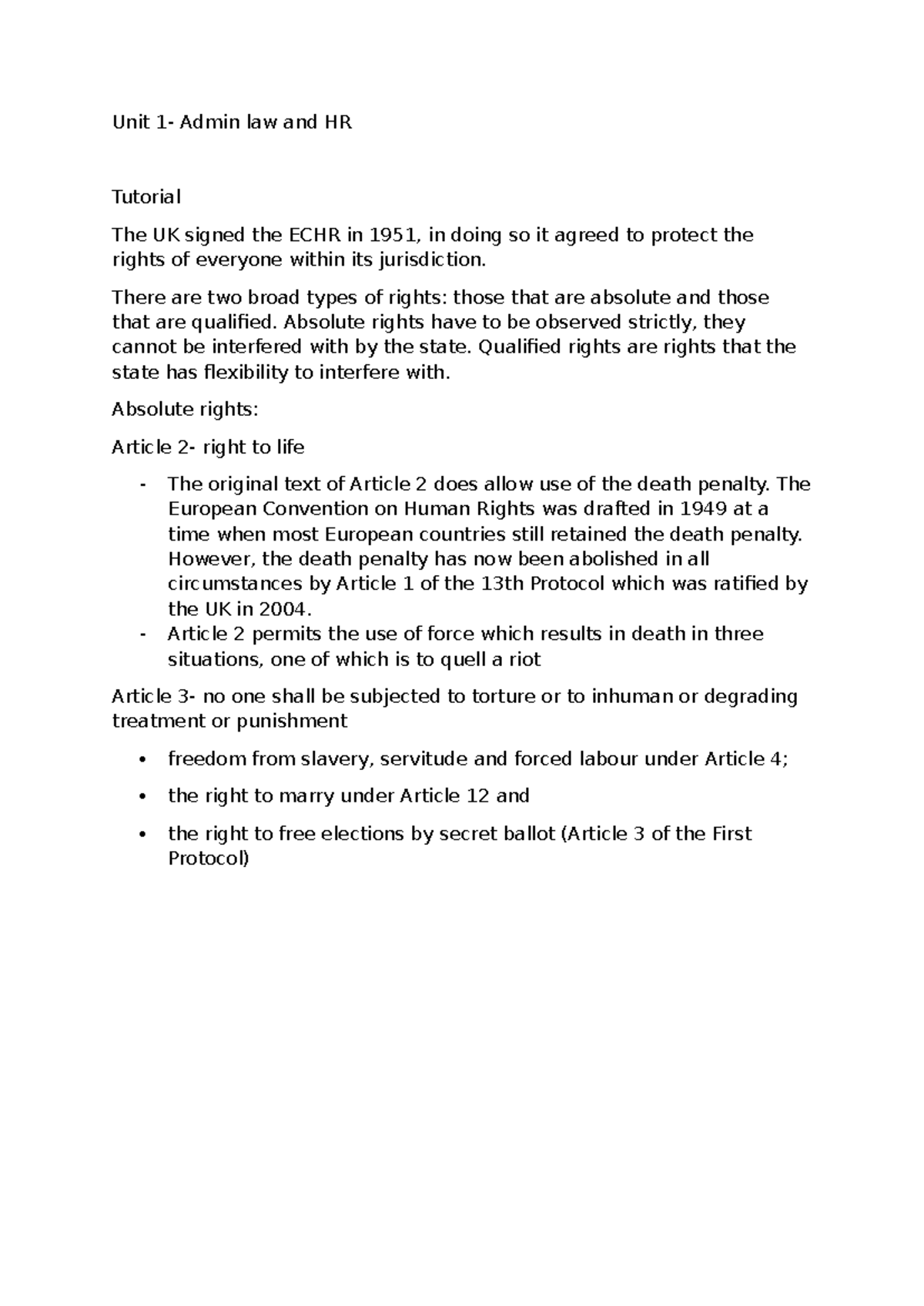 Unit 1: Admin Law & HR - ECHR Rights and UK Compliance Tutorial - Studocu