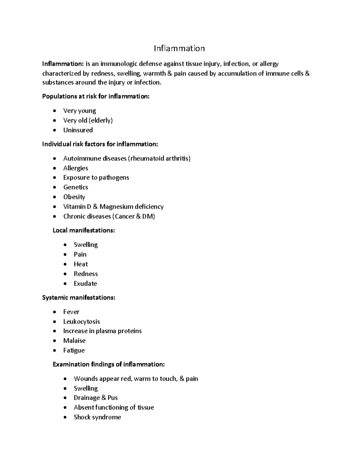 Exam 1 Notes - exam 1 study grid - Inflammation Inflammation: is an ...