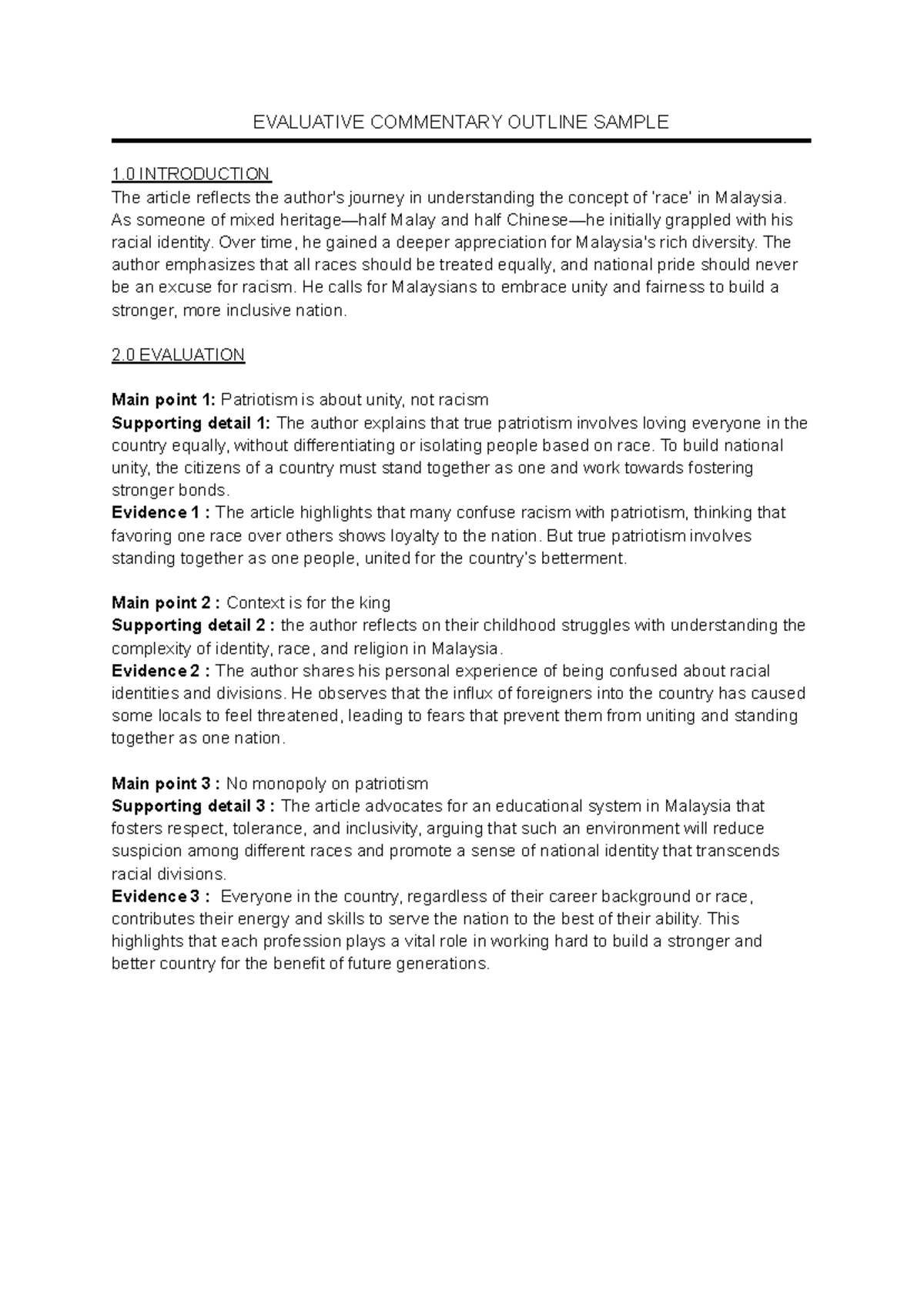 Evaluative Commentary Outline - EVALUATIVE COMMENTARY OUTLINE SAMPLE 1 ...