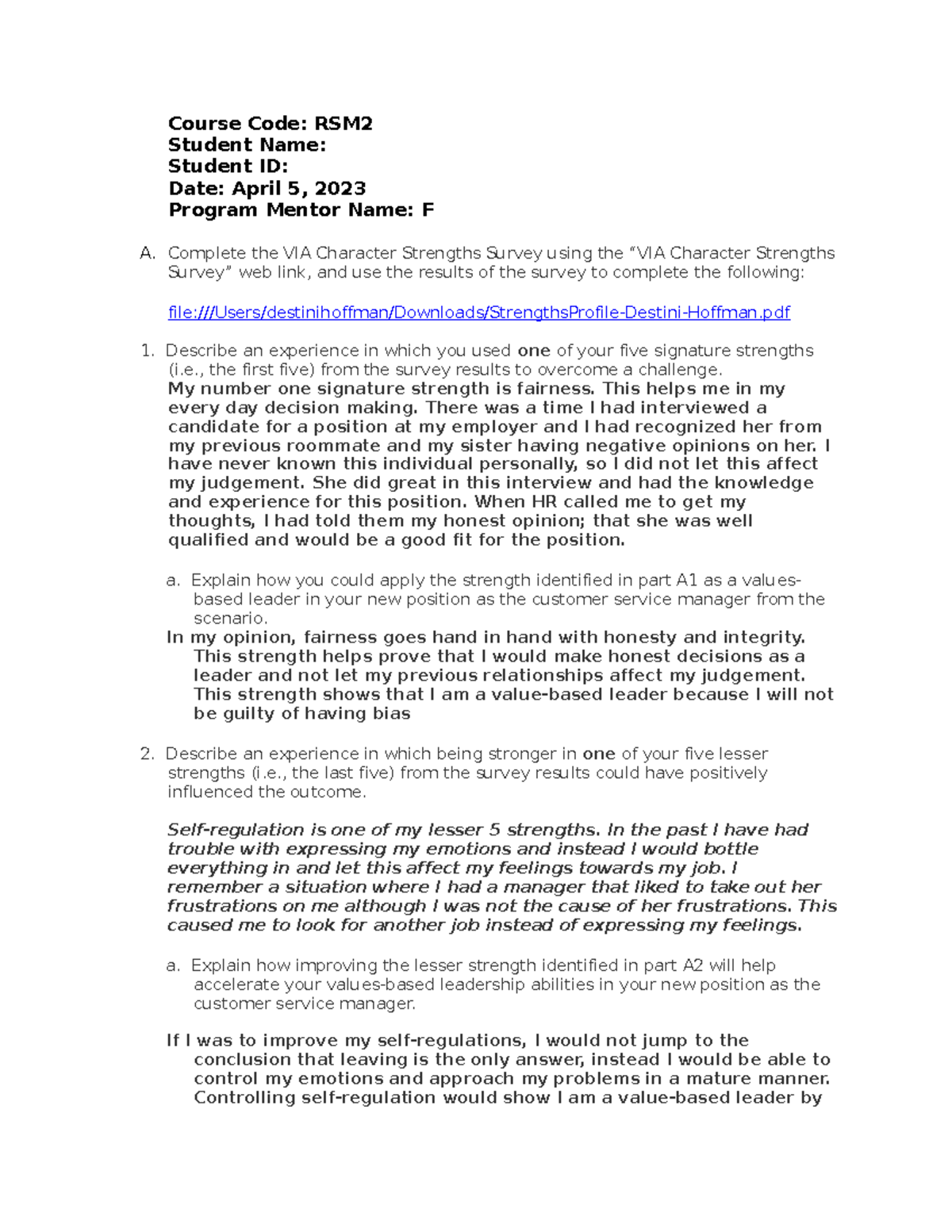 RSM2 Task 1 - RMS2 task 1 - Course Code: RSM Student Name: Student ID ...