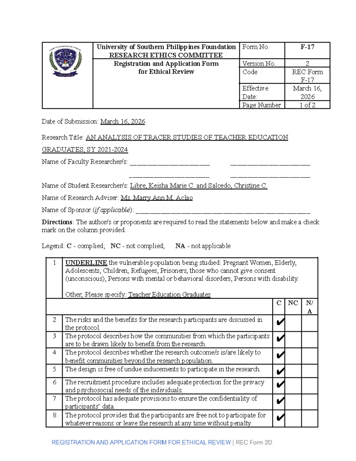 RESEARCH ETHICS COMMITTEE Registration Form F-17 for Teacher Education ...