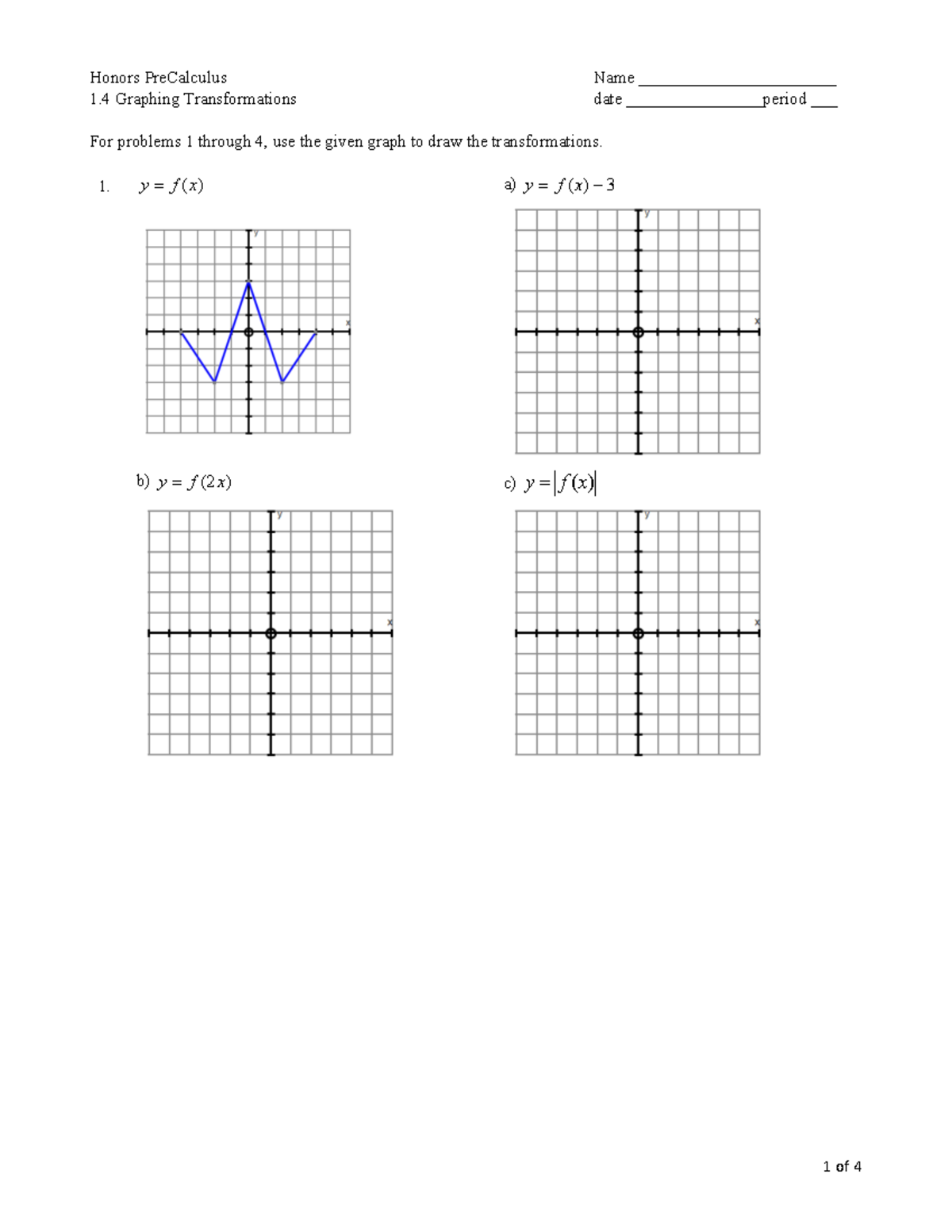 Honors PreCalculus: 1.4 Graphing Transformations Practice - Studeersnel