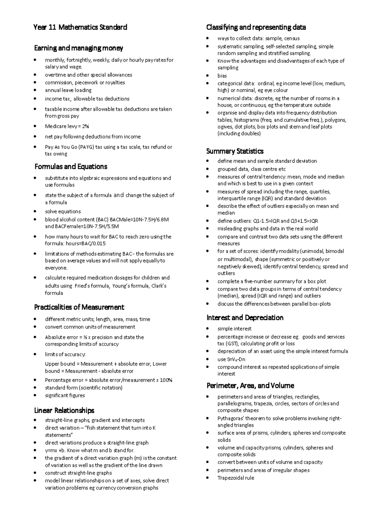 Year 11 Mathematics Standard: Key Concepts and Formulas - Studocu