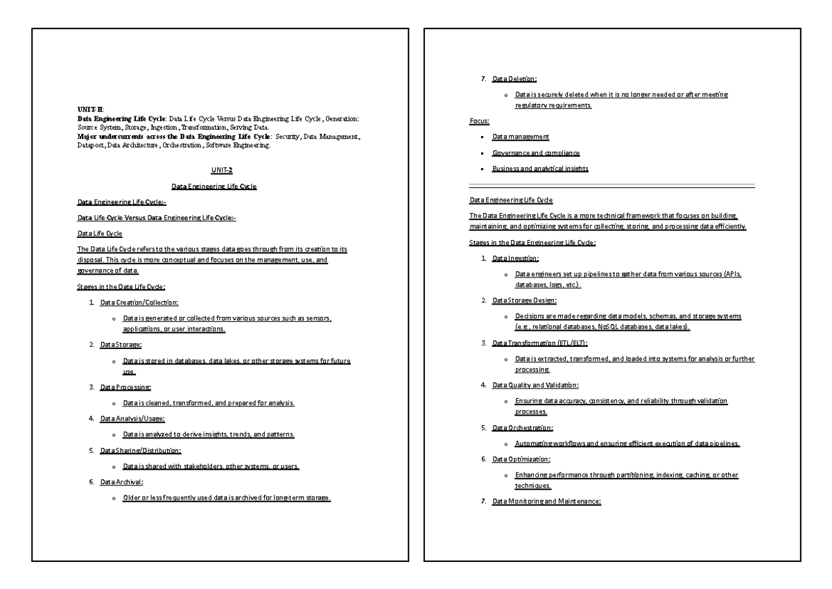 UNIT-II DE - Data Engineering Life Cycle Overview and Stages - Studocu