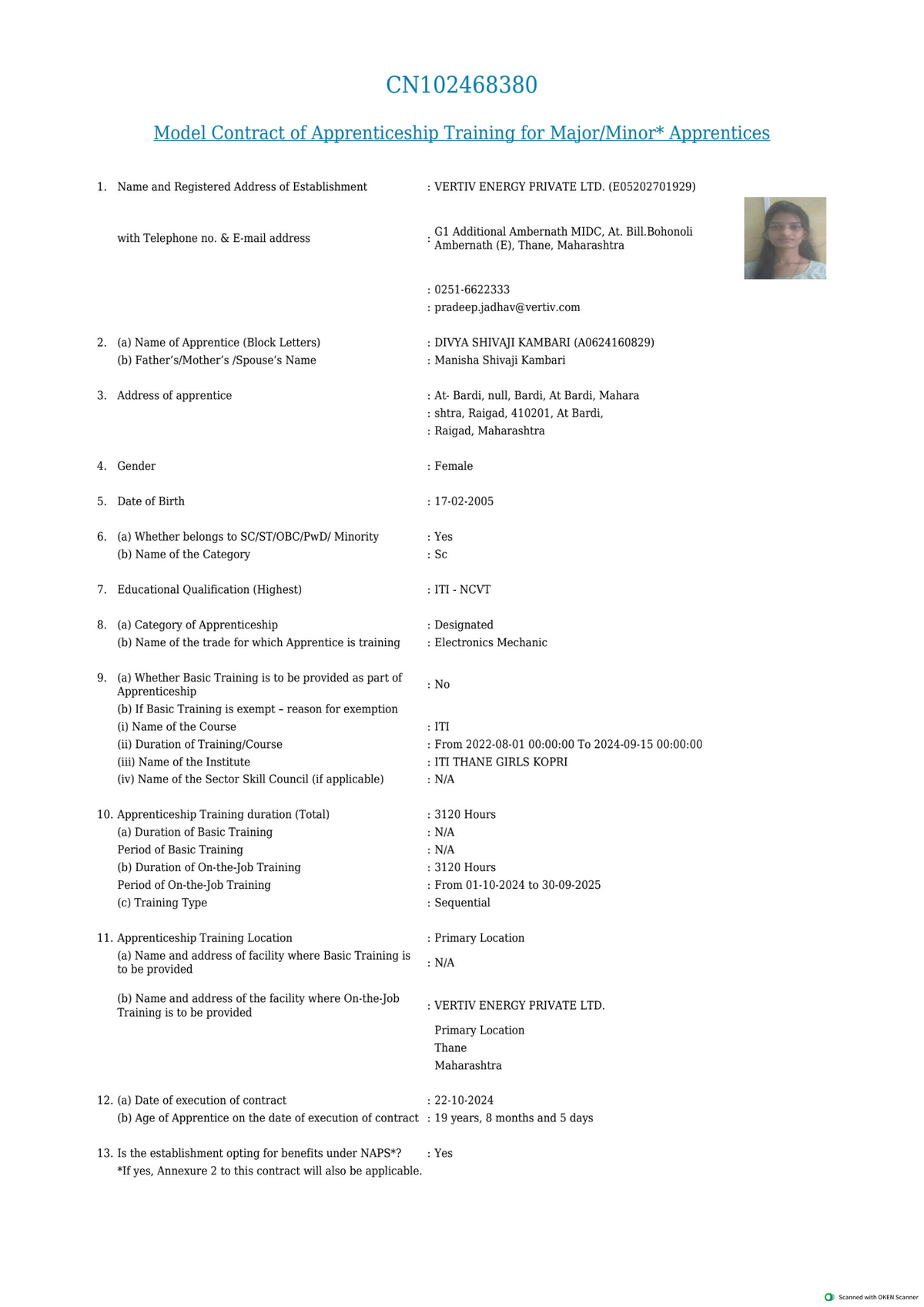 CN102468380 Model Contract for Apprenticeship Training at VERTIV ENERGY ...