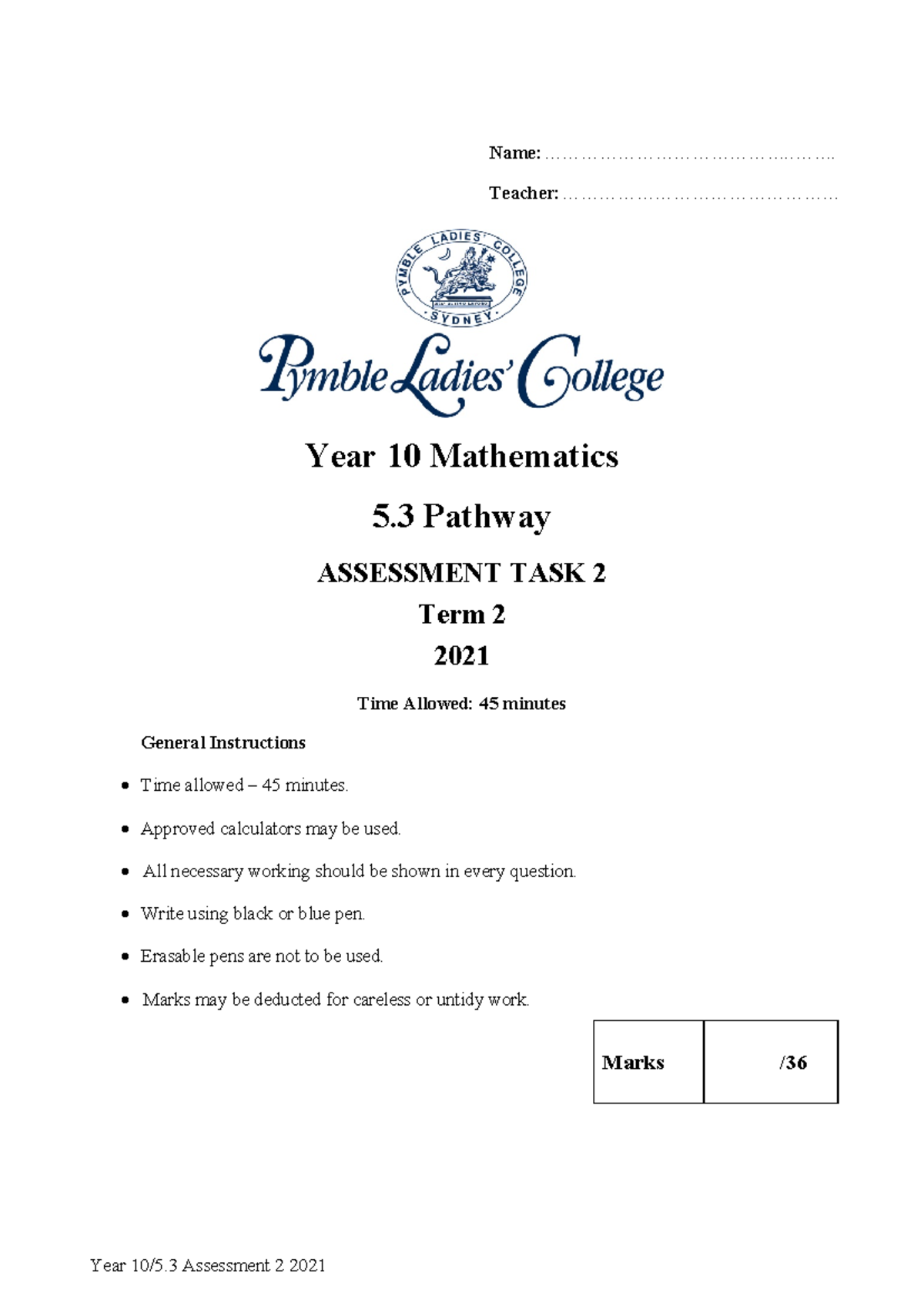 Year 10 Mathematics 5.3 Assessment Task 2 Final 2021 - Studocu