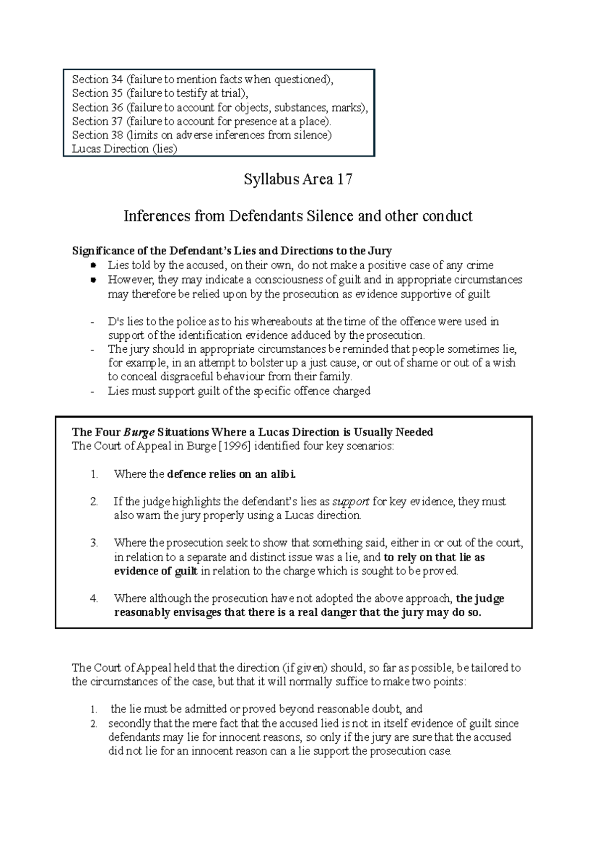 Syllabus Area 17: Inferences from Defendants' Silence and Lies - Studocu