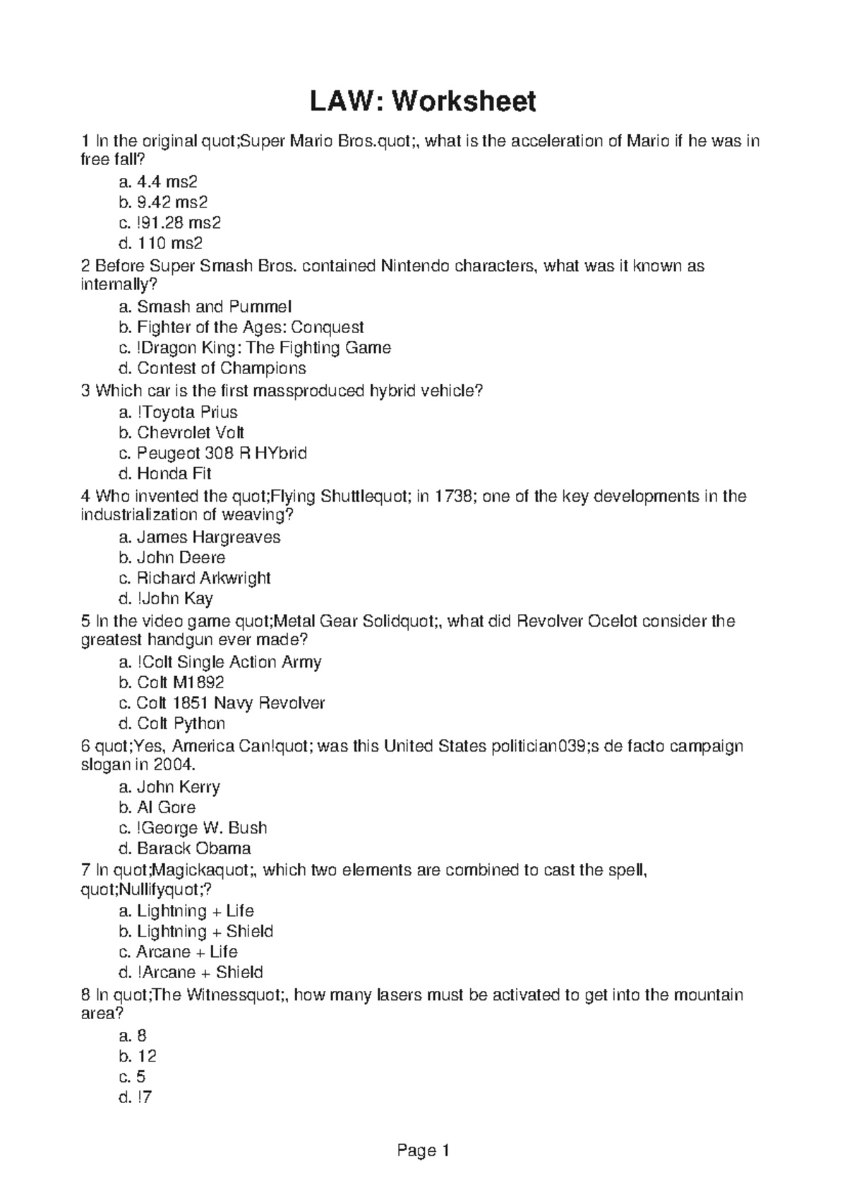 LAW272 Lab 9 - Worksheet on Trivia Questions and Answers - Studocu