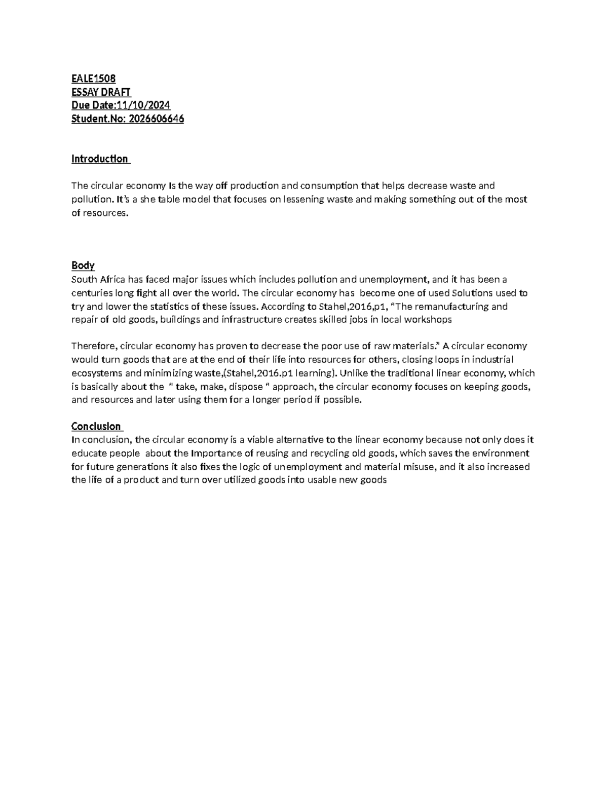 Eale1508 essay 2nd draft - EALE ESSAY DRAFT Due Date:11/10/ Student ...