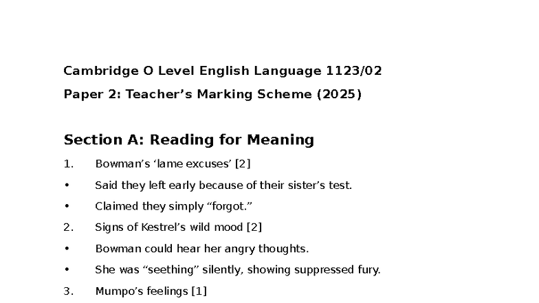 Cambridge O Level English Language 1123: Paper 2 Marking Scheme (2025 ...