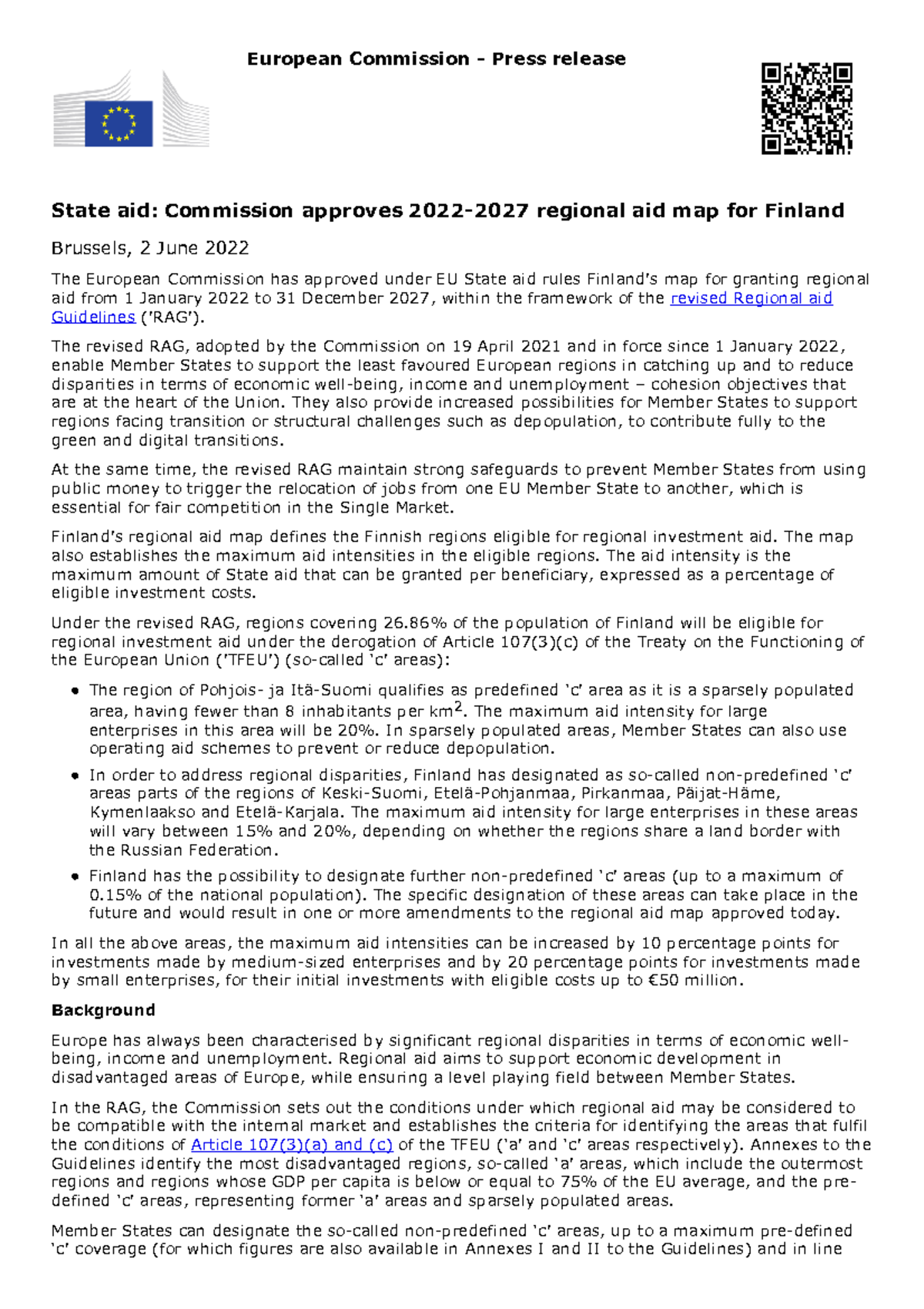 State Aid Approval: Regional Aid Map for Finland (2022-2027) - Studocu