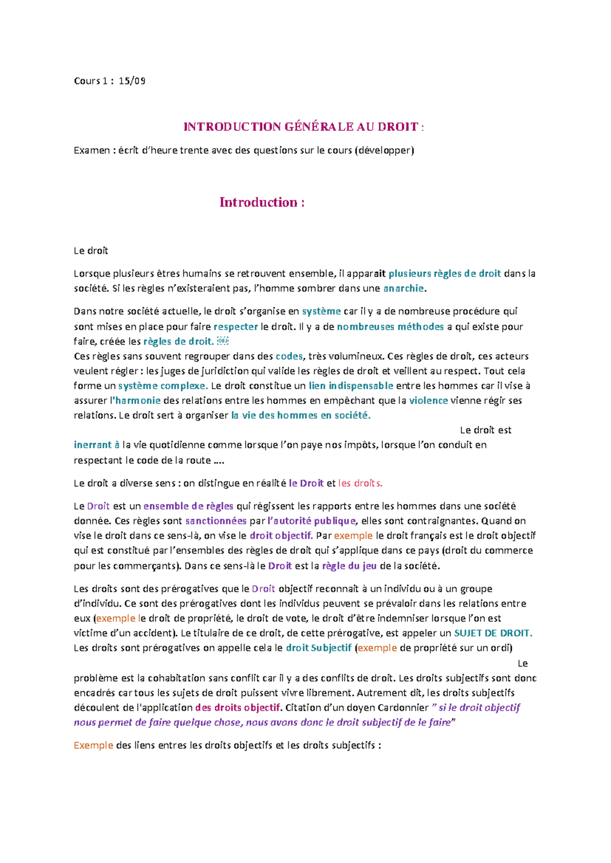 Introduction Générale au Droit : Examen Écrit Cours 1 - Studocu