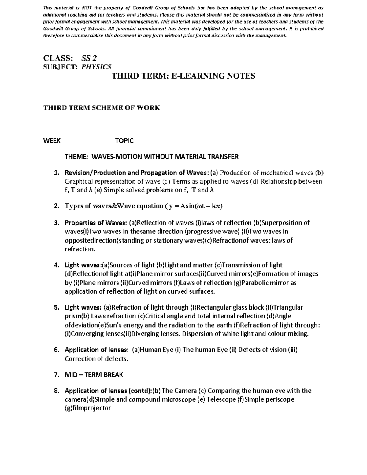 E-Learning Notes for SS2 Physics: Third Term Waves & Applications - Studocu