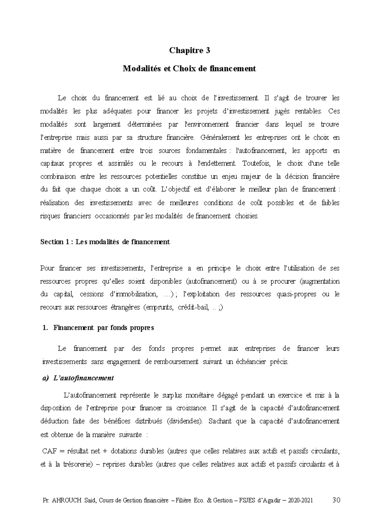 Gestion Financière - Modalités et Choix de Financement - Prof. Ahrouch ...