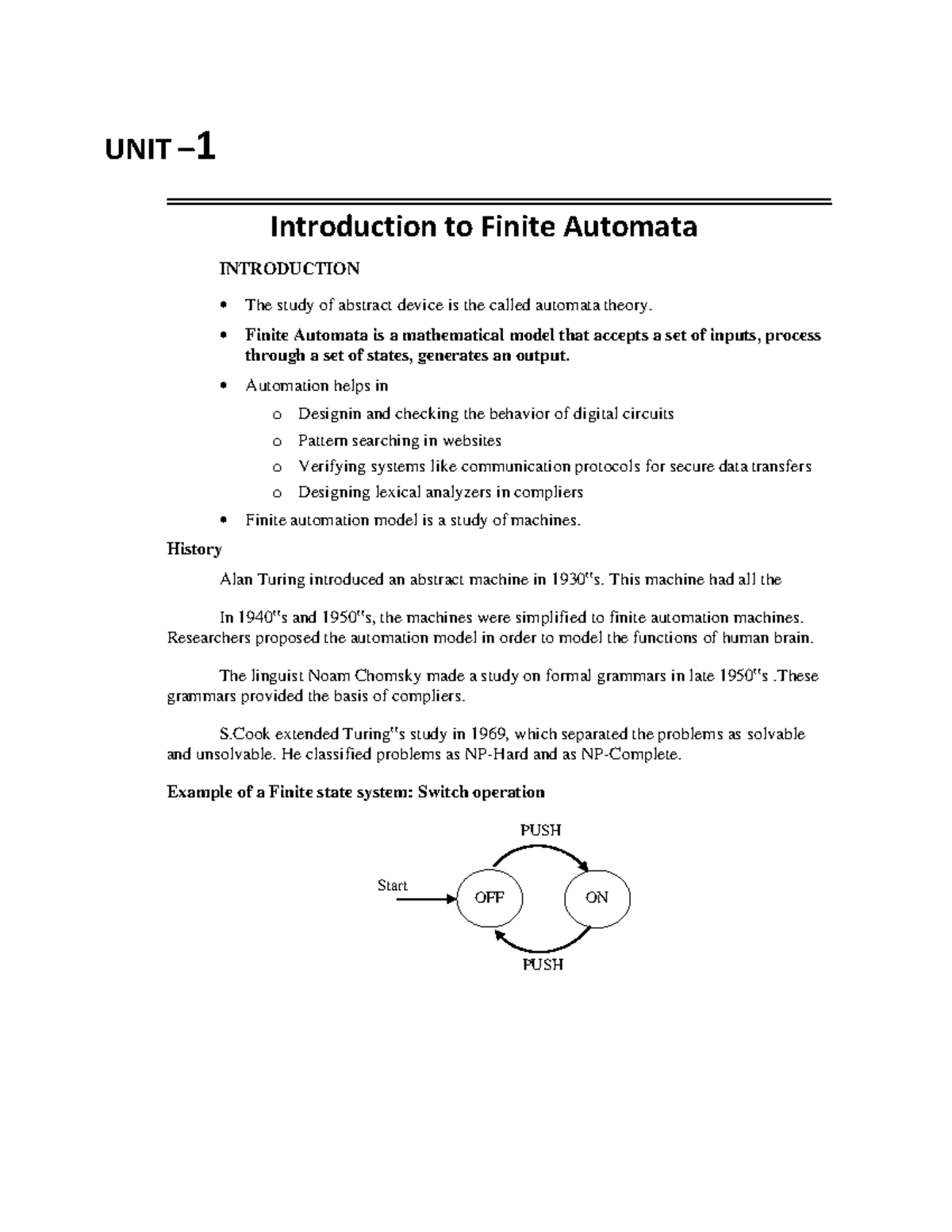 UNIT 1: Introduction to Finite Automata - Study Notes - Studocu