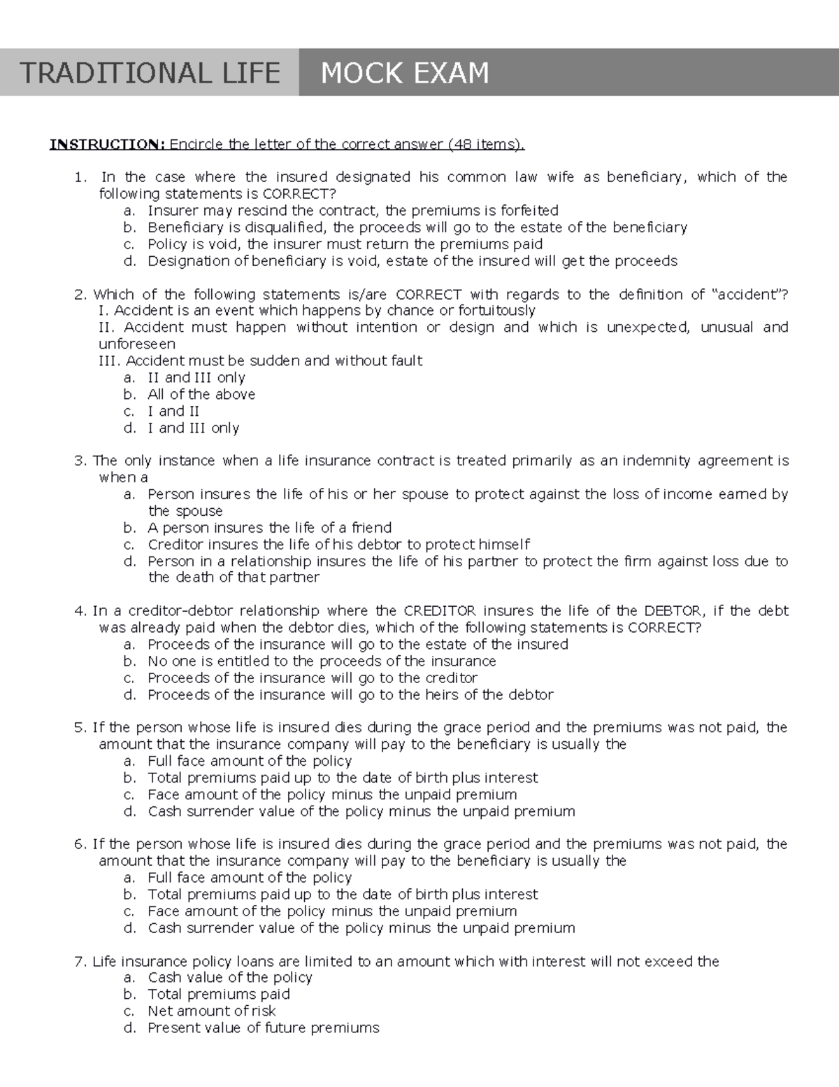 Traditional Life MOOK Exam Questions & Answer Key ACE 08172021 - Studocu