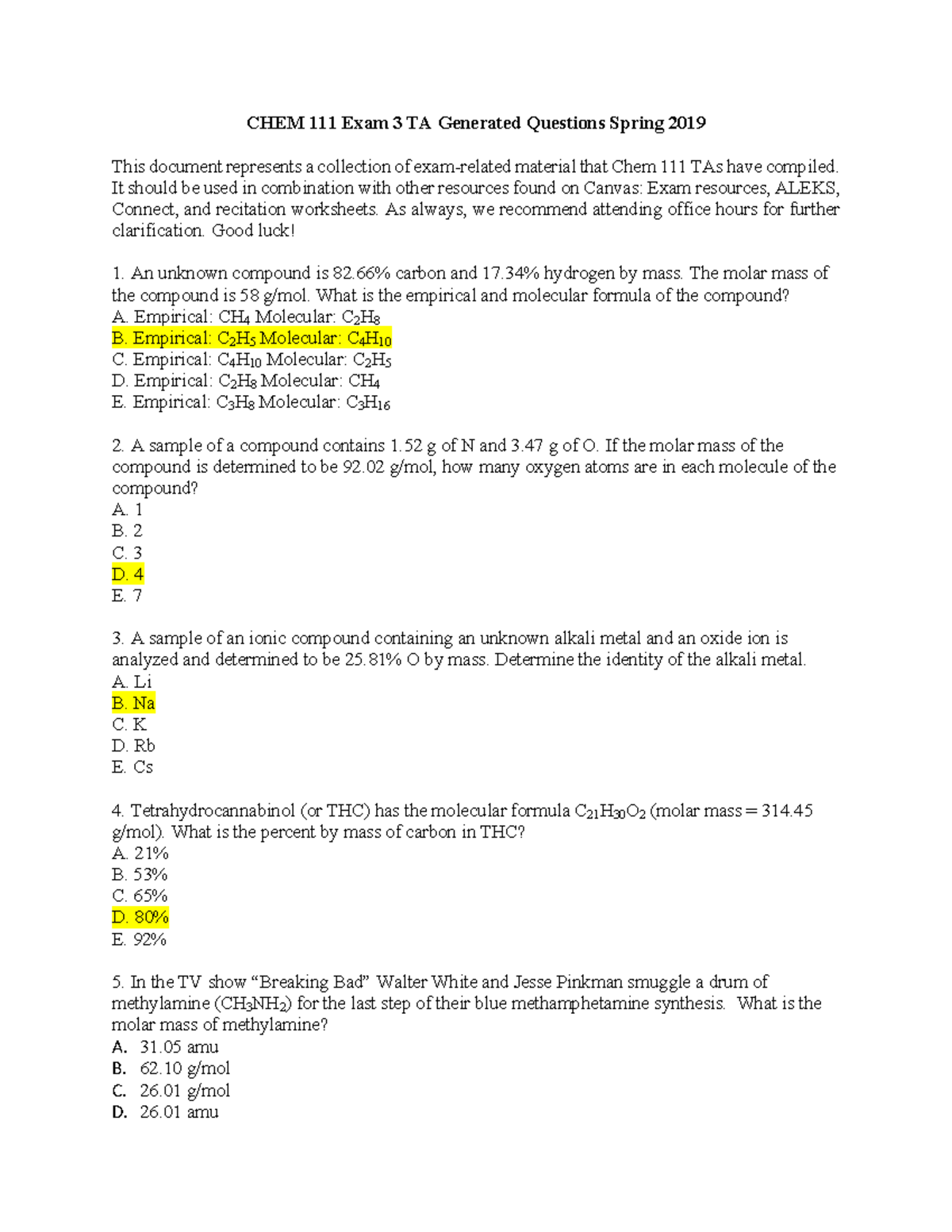 SP19 CHEM 111 Exam 3 TA Questions & Solutions Key - Studocu