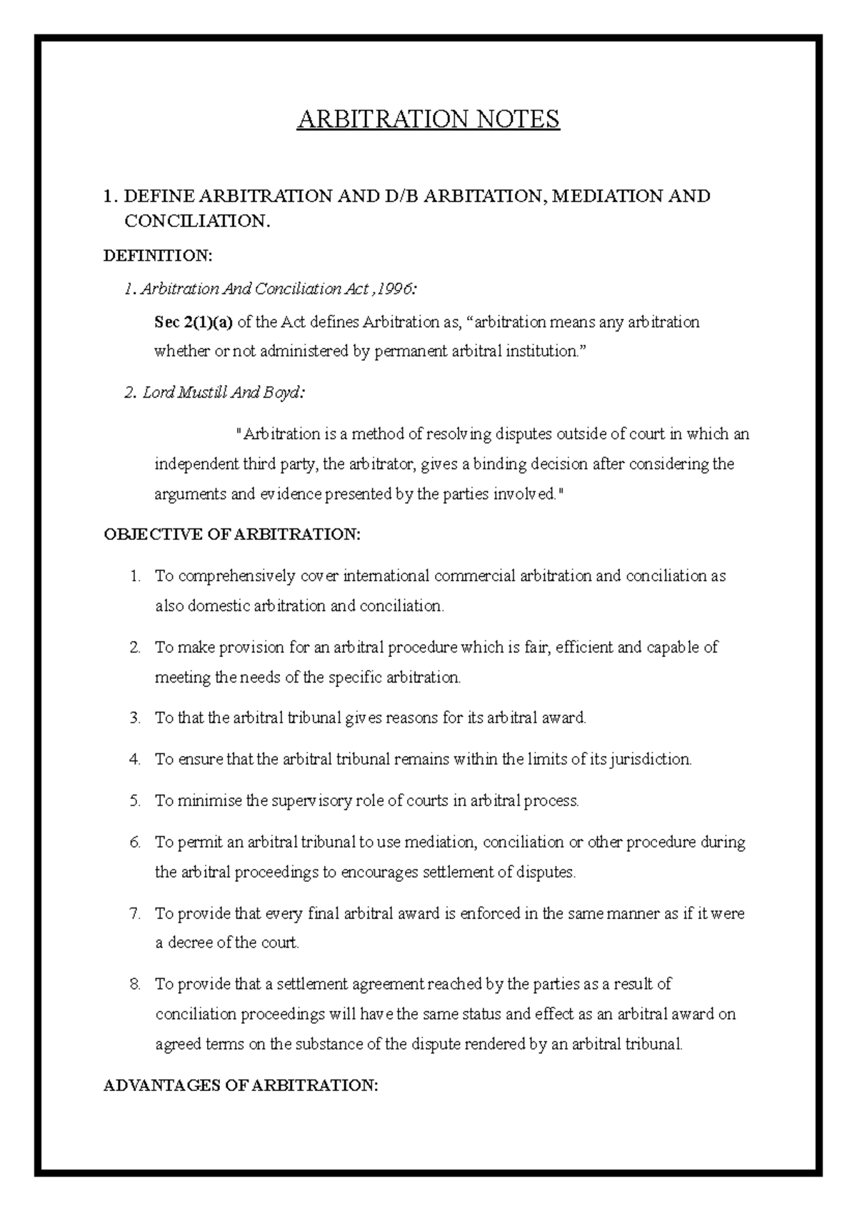 Arbitration Notes: Definitions, Objectives, and Case Laws (12M) - Studocu